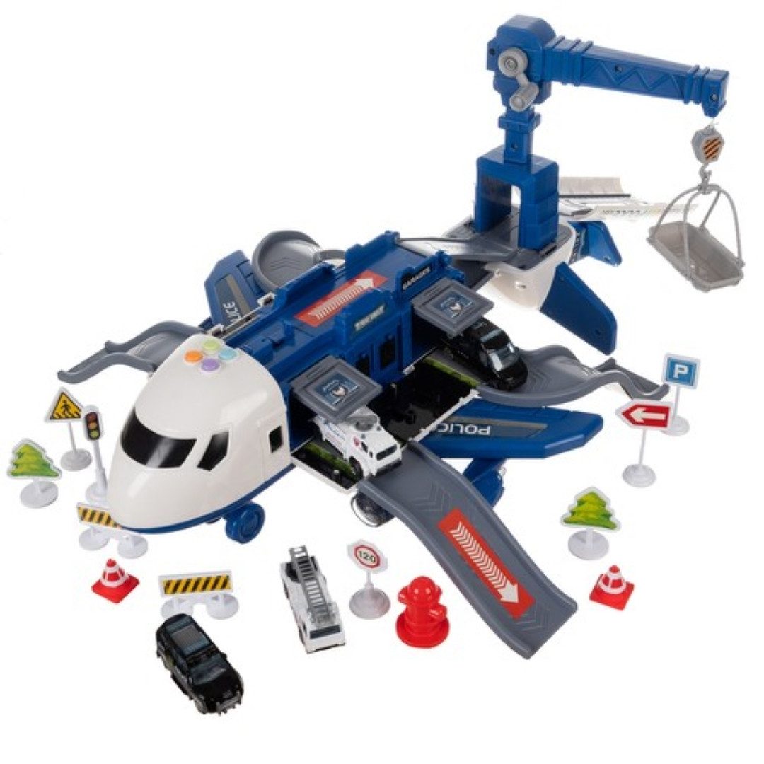 KRUZZEL Spielzeug-Flugzeug Erweiterbares Parkpolizeiflugzeug mit Licht- und Soundeffekten, (Interaktives Spielzeug-Set mit vielseitigen Funktionen, Polizei Flugzeug, 4 Autos, Kran und Straßenzubehör), Mobiles Polizeiflugzeug mit Licht- und Soundeffekten.