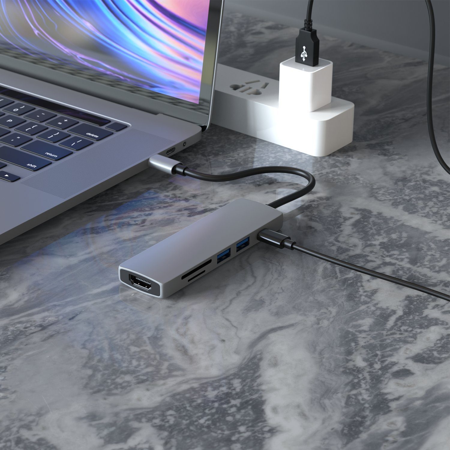 TradeNation Laptop-Dockingstation USB C Hub 6 in 1 Adapter HDMI 4K USB 3.0 Micro SD für Laptop Samsung, (1 St), Schnelles Laden, 4K – Bild 4 von 5