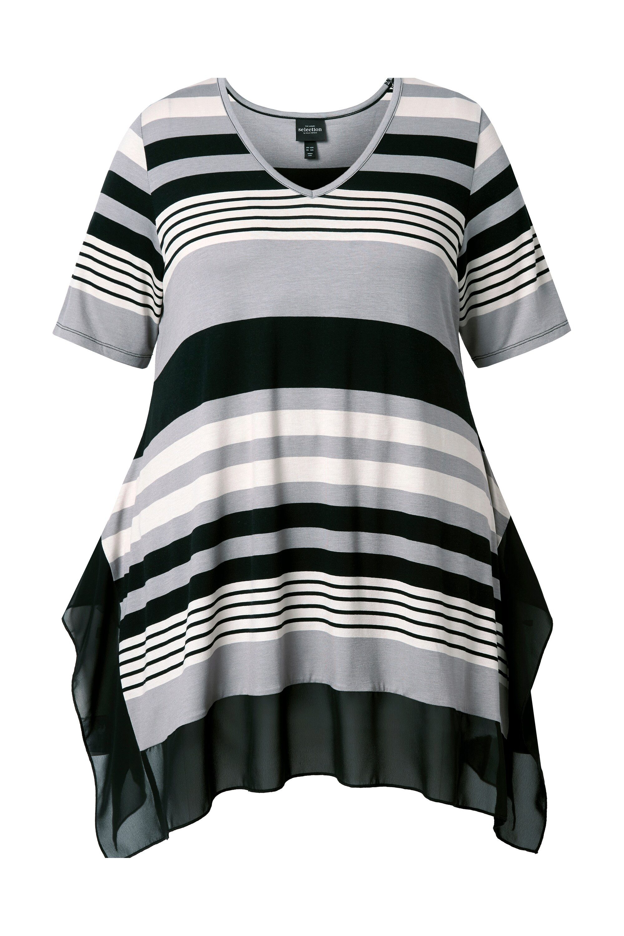 T-Shirt T-Shirt Ringel Chiffonsaum V-Ausschnitt Halbarm