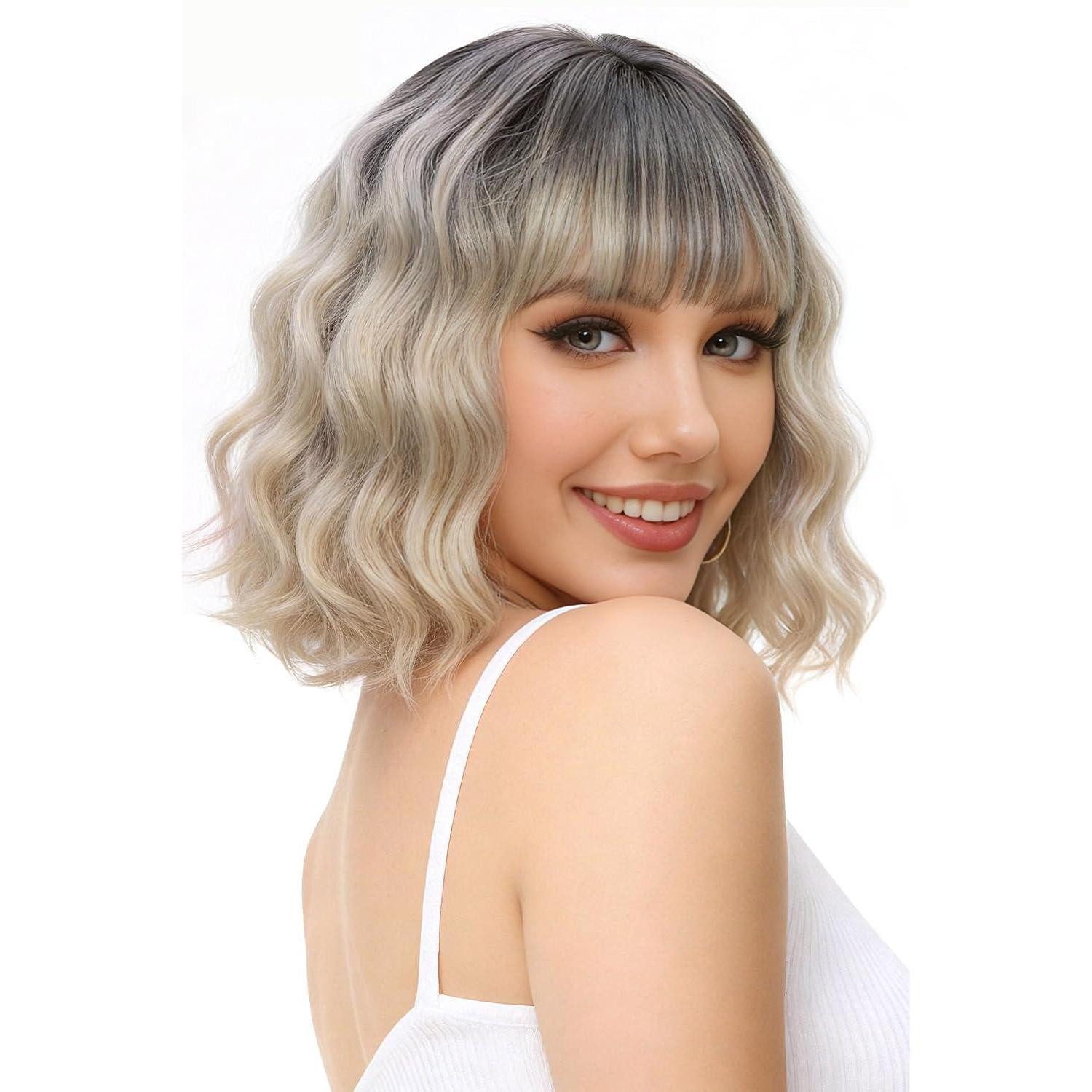 LuxusKollektion Kunsthaarperücke Perücke Bob kurz lockig Pony synthetisch Cosplay Damen Ombre Blonde