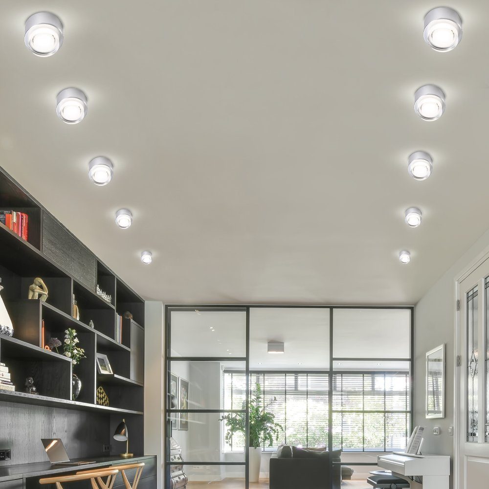 etc-shop LED Einbaustrahler, LED-Leuchtmittel fest silber Aufbau Aufbauleuchte Deckenleuchte Warmweiß, Metall verbaut, Modern