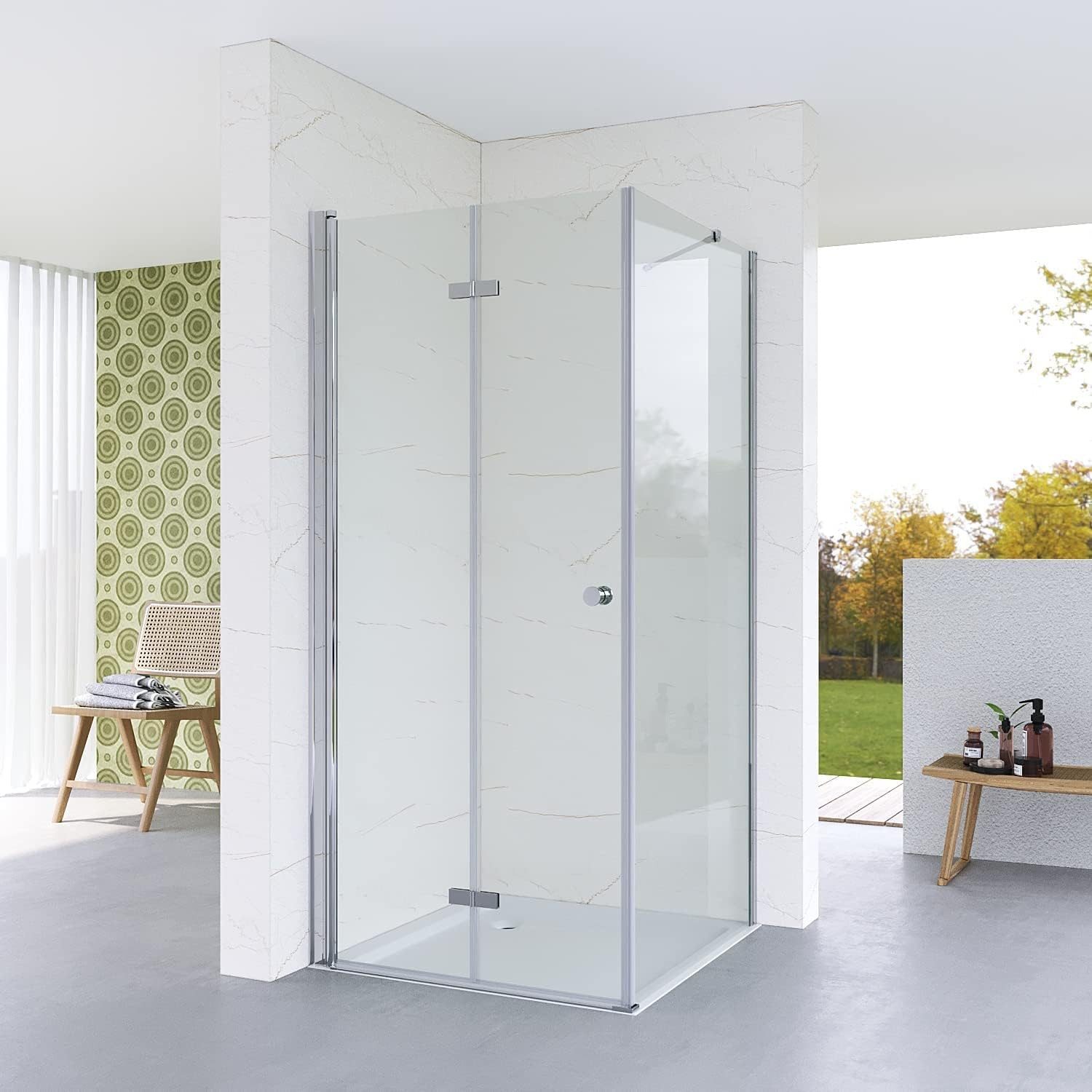 AQUABATOS Eckdusche Duschkabine Eckeinstieg rahmenlos mit Falttür Drehfalttür Dusche, BxT: 70x70 cm, Einscheiben-Sicherheitsglas (ESG) 5 mm, Hebe-Senk-Funktion, 180º faltbar klappbar, Ebenerdige Montage möglich