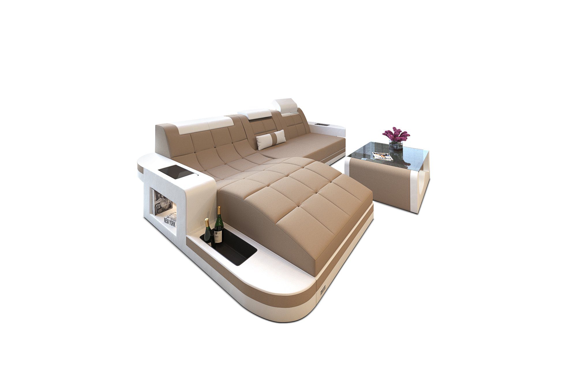 Form Bettfunktion Stoff cappuccino-weiß mit Mikrofaser Dreams Ecksofa Sofa, L Stoffsofa LED, L-Form M Wave Stoffsofa wahlweise Couch Sofa Sofa Polstercouch mit