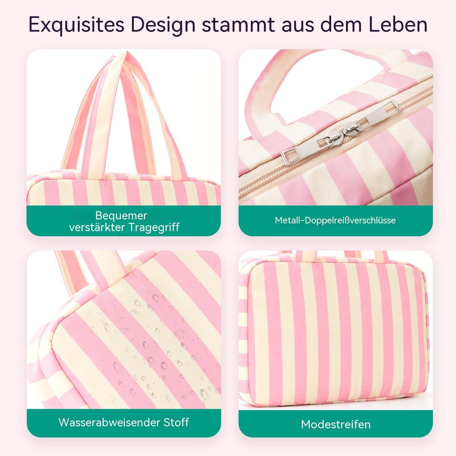 Zyronn Kulturbeutel Reise Kulturtasche Damen, Wasserabweisende Kulturbeutel mit Nassfach, Stilvolle, gestreifte Kosmetiktasche mit Haken – Bild 2 von 5