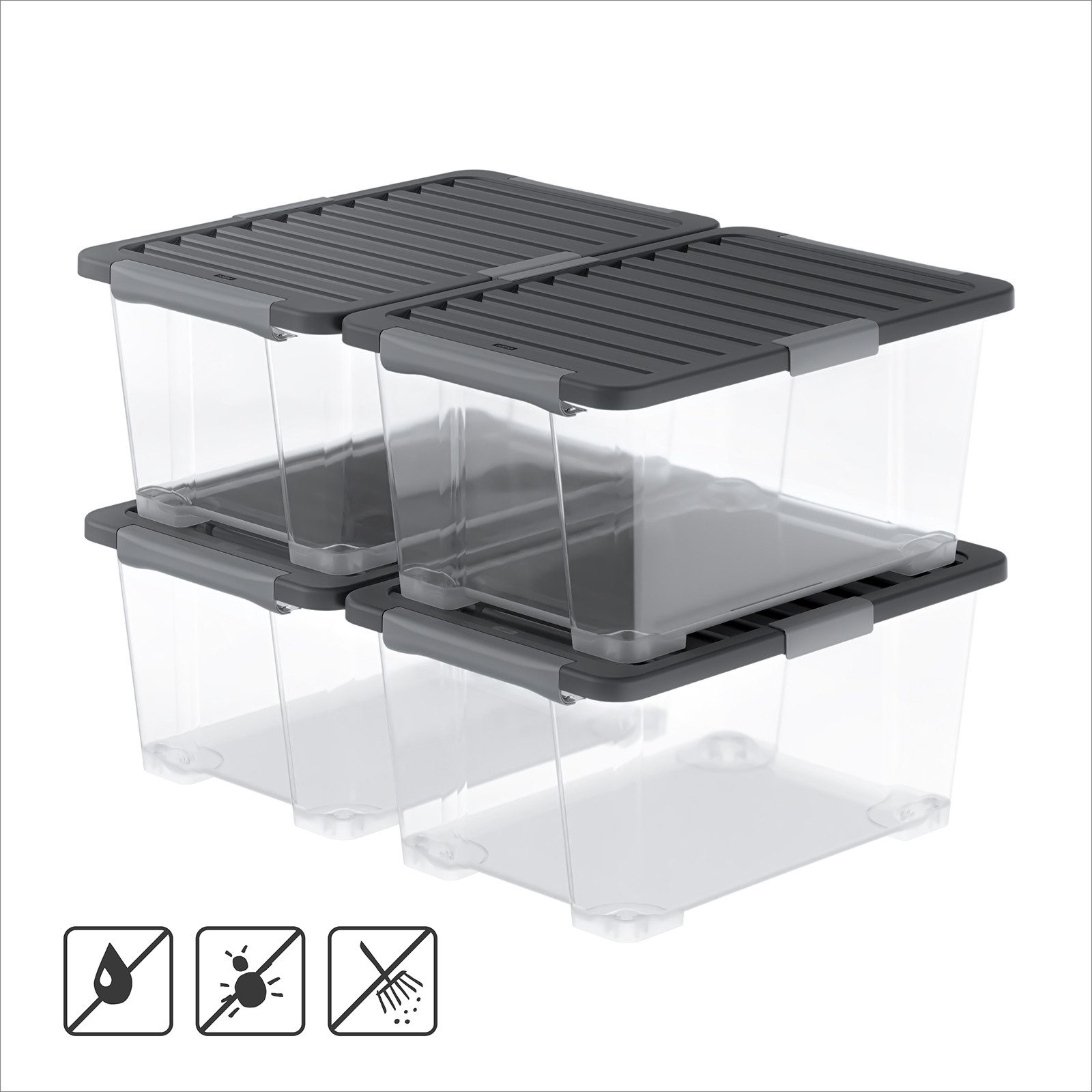 ROTHO Aufbewahrungsbox 4er-Set CORE PRO 44 L stapelbare Box mit gedichteter Deckel (Lagerboxen-Set, 4er-Set), große Dichtbox ideal für Kleidung, Decken und Haushaltsartikel
