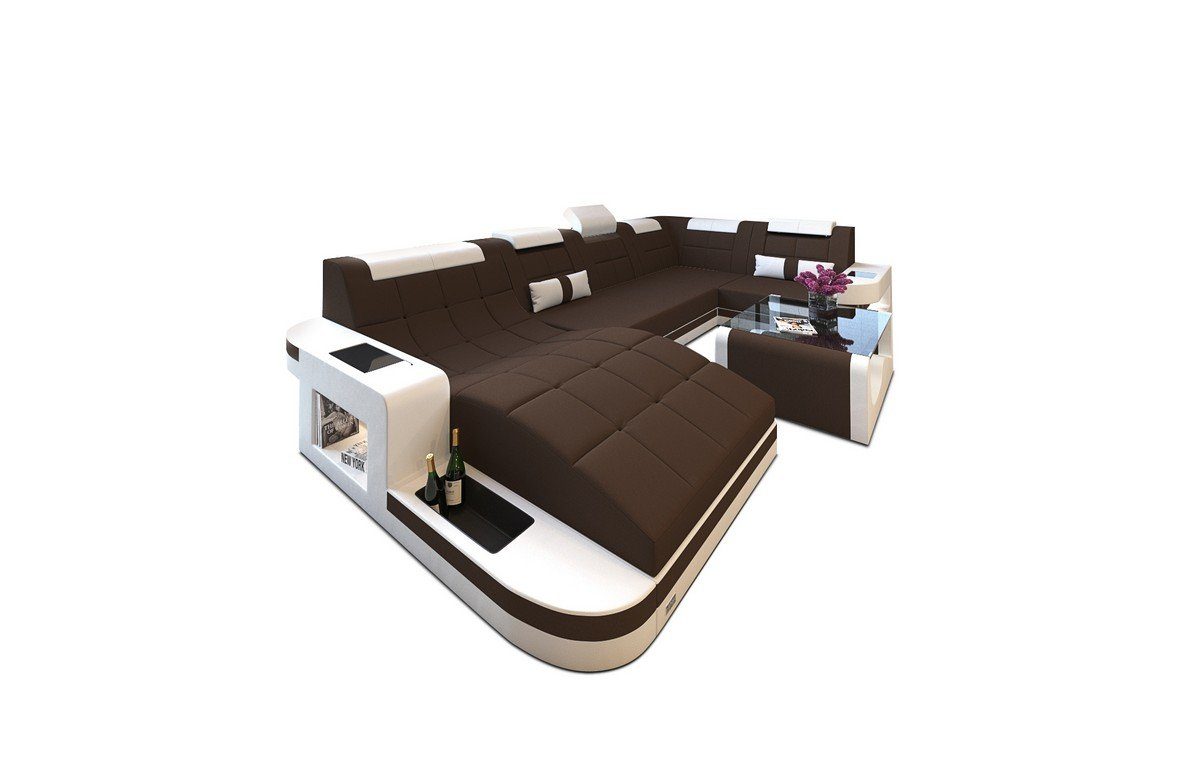 Sofa Dreams dunkelbraun-weiß Form Couch mit Stoff, Wohnlandschaft M Stoffsofa Polstersofa wahlweise Bettfunktion Mikrofaser Wave U
