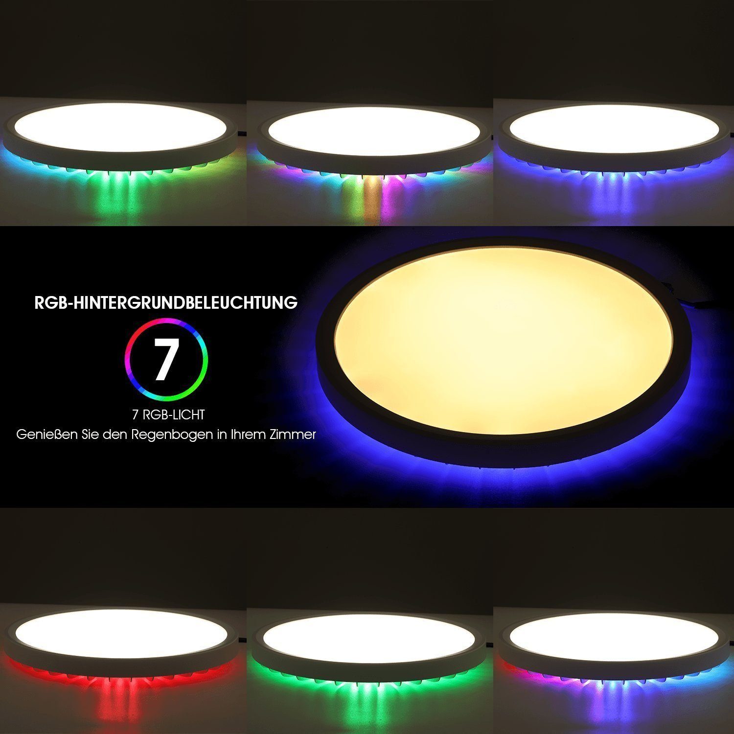 LETGOSPT LED Deckenleuchte 24W mit Flach für Rund RGB naturweiß, Hintergrundbeleuchtung Deckenbeleuchtung, RGB warmweiß, Küche Dimmbar, integriert, Deckenlampe, Schlafzimmer Fernbedienung LED Wohnzimmer (30*30*3CM) 28W fest RGB, tageslichtweiß