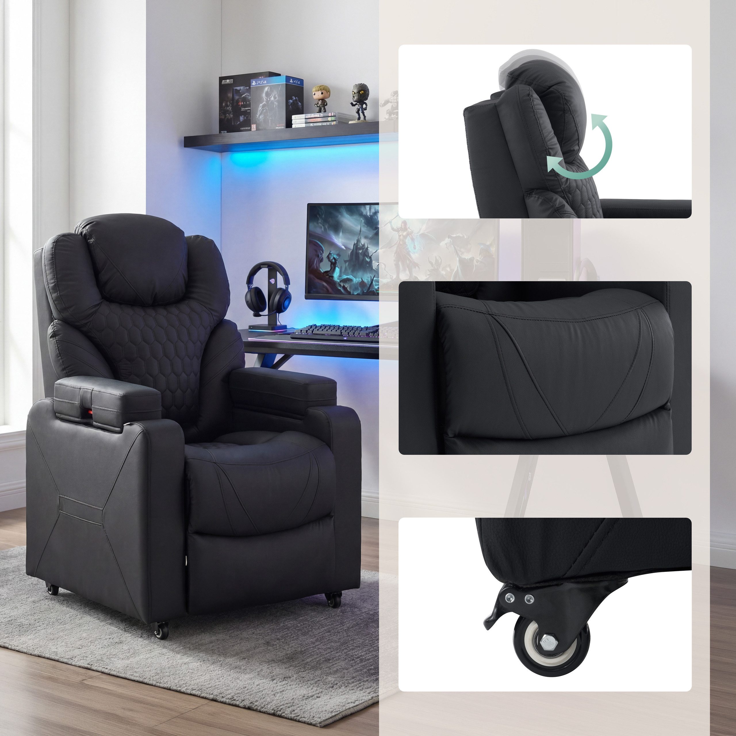 hjh OFFICE Loungesessel Loungesessel Game Sport RX Kunstleder, Gaming Relax Sessel mit Kopfstütze, 90–170° Neigungswinkel, drehbar