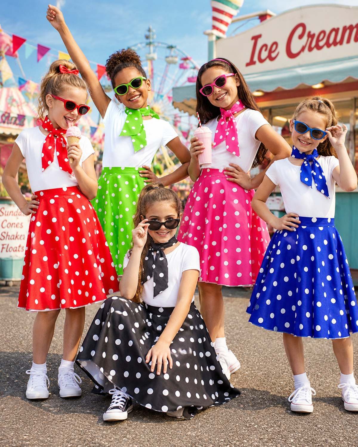 Funny Fashion Kostüm Fifties Punkte Tellerrock für Kinder mit Halstuch