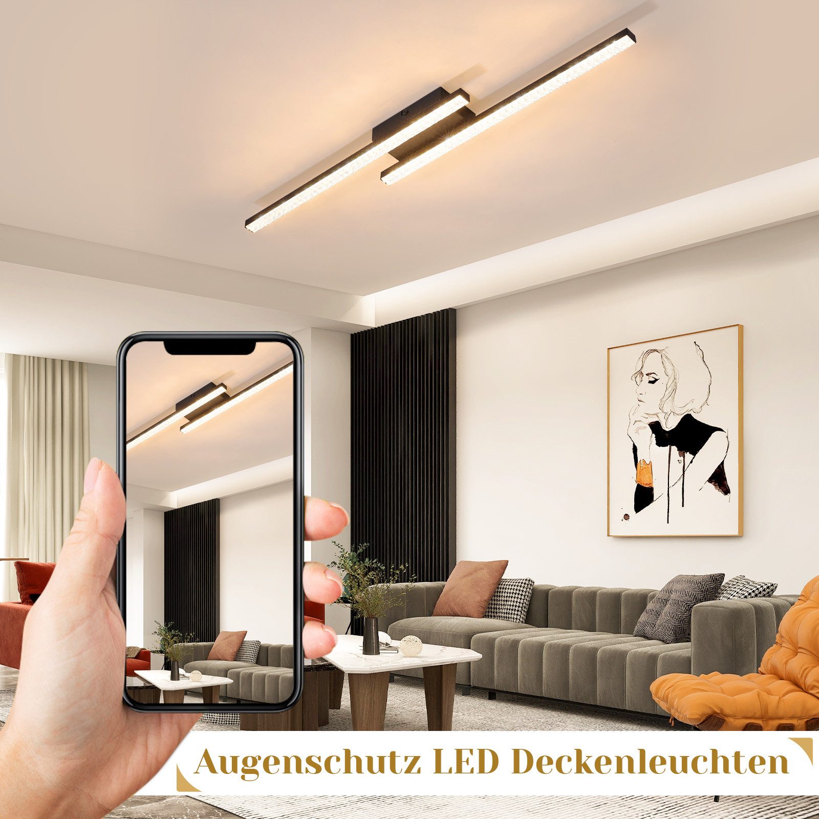 ZMH LED Deckenleuchte Wohnzimmer 12W Schwarz Deckenlampe Modern Kristall 3000K Flur, LED fest integriert, Warmweiß, 2 Flammig 61.5cm Küchenlampe Schlafzimmer – Bild 4 von 5