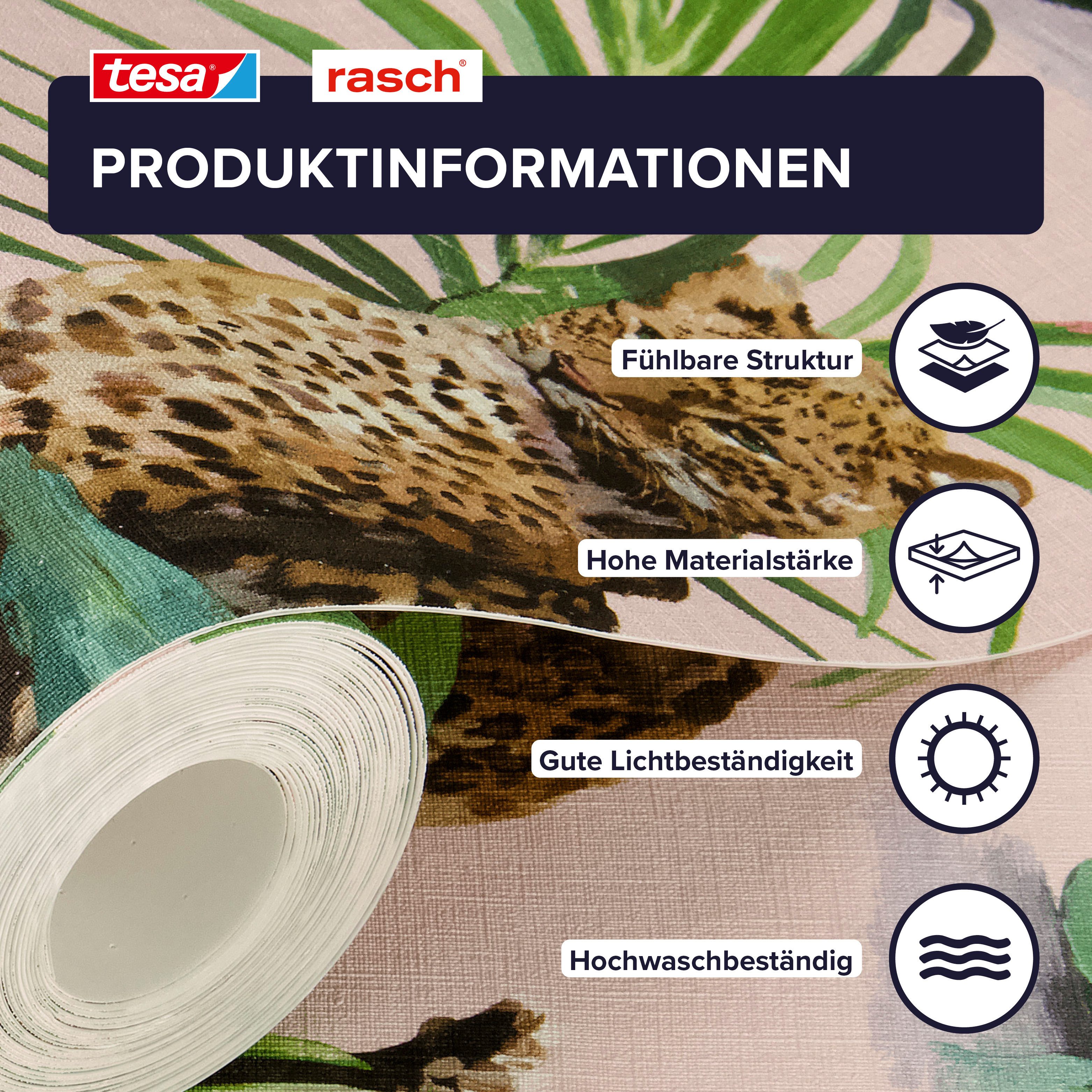 Rasch Vliestapete Savanna - Selbstklebende Tapete Leopard von tesa® x rasch®, strukturiert, exotisch, tropisch, (1 St), selbstklebend, 6,00m x 0,53m