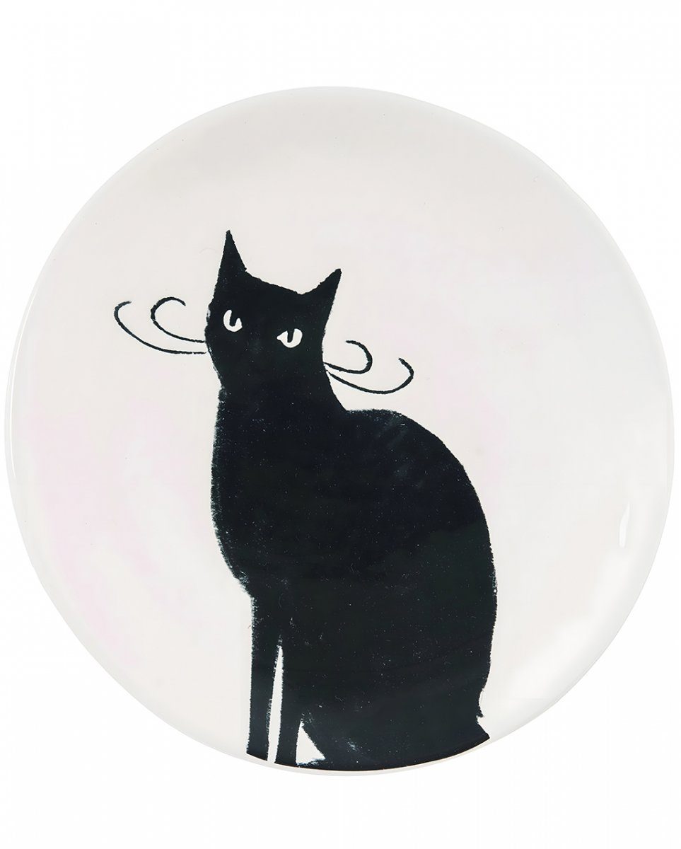 Horror-Shop Dekofigur Teller aus Keramik mit sitzender schwarzer Katze f