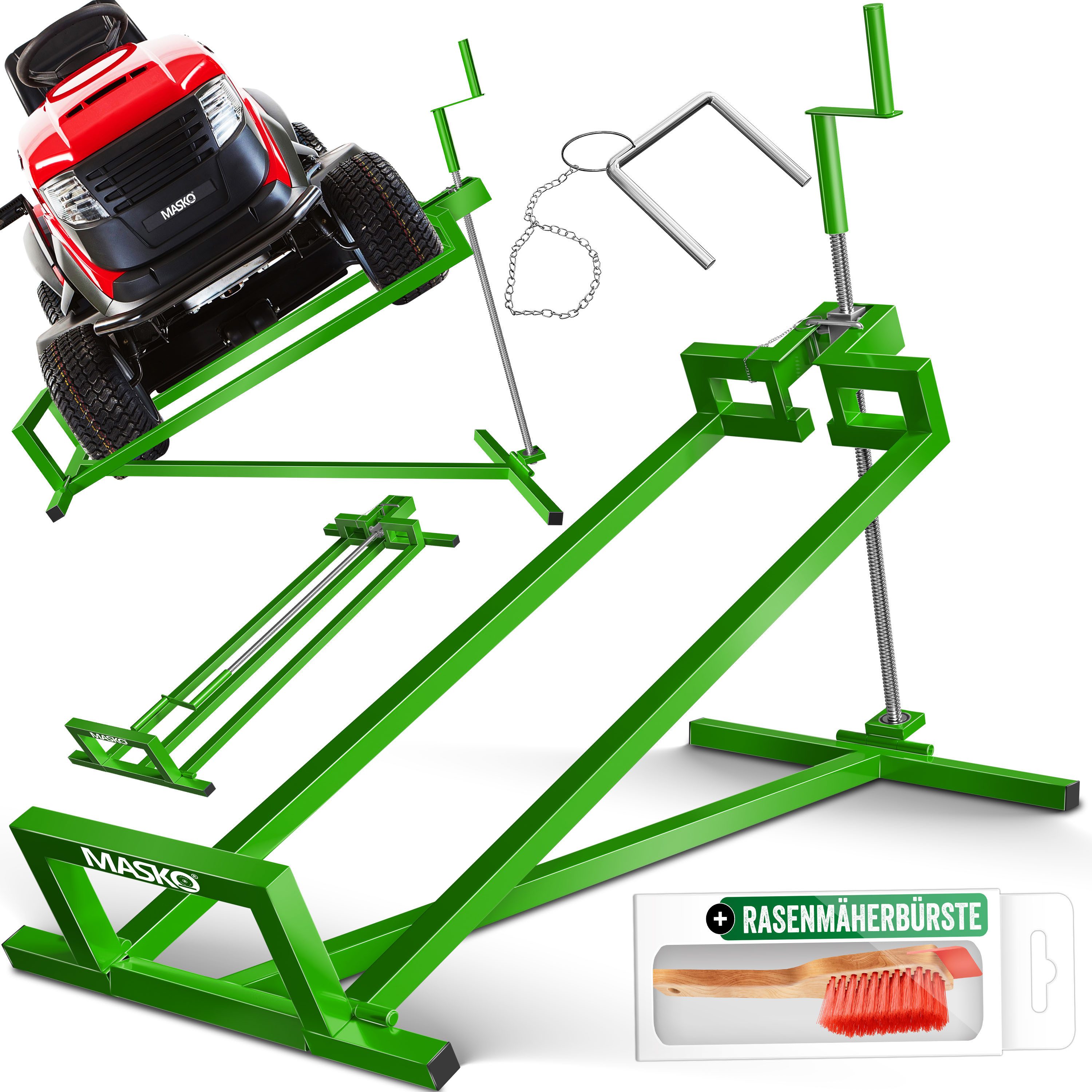 MASKO Rasentraktor Heber 450kg Hebevorrichtung für Aufsitzmäher inkl. Bürste, Rasentraktorheber, universelle Reinigungshilfe, Hebebühne für Quad