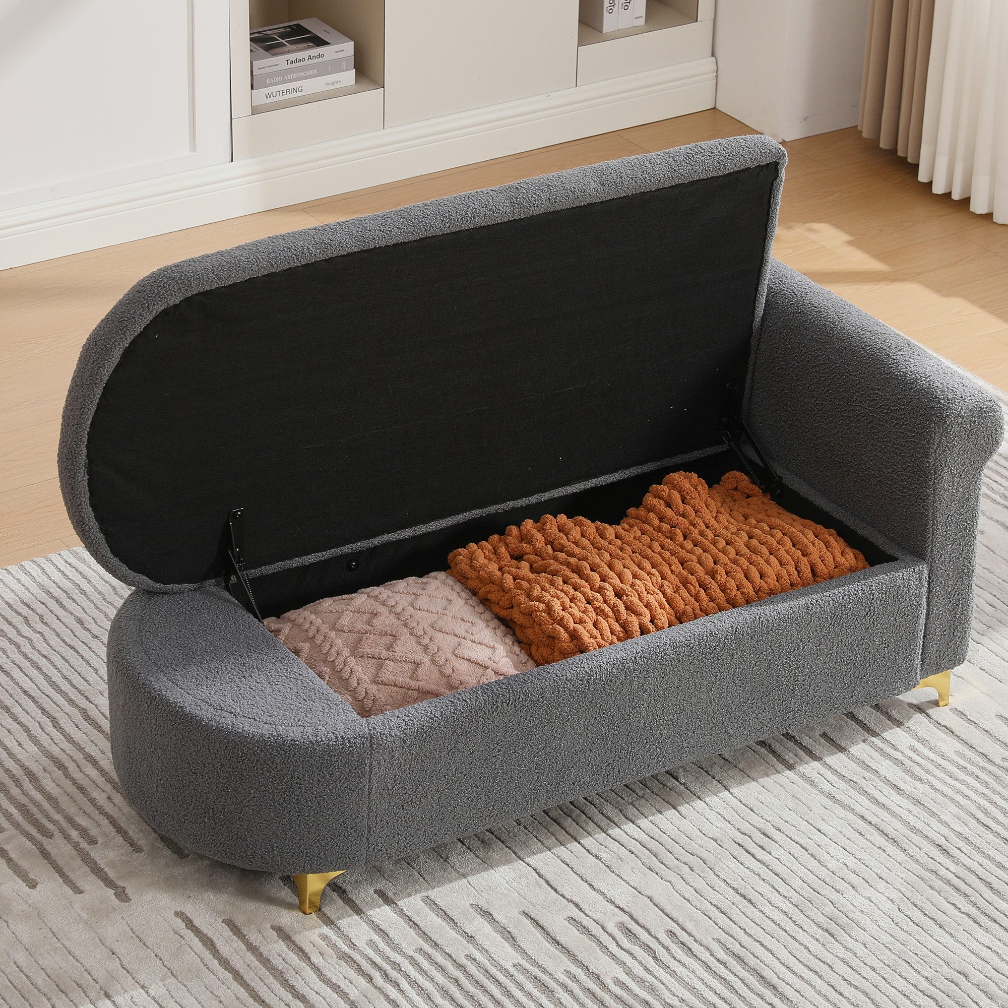 OKWISH Chaiselongue Multifunktionale 134x64x70 cm aus Teddyplüsch, Wellenförmige Rückenlehne, hochdichte Sitzkissen 1 Teile, Inkl. Lenden- & Nackenkissen, Stauraum im modernen Design