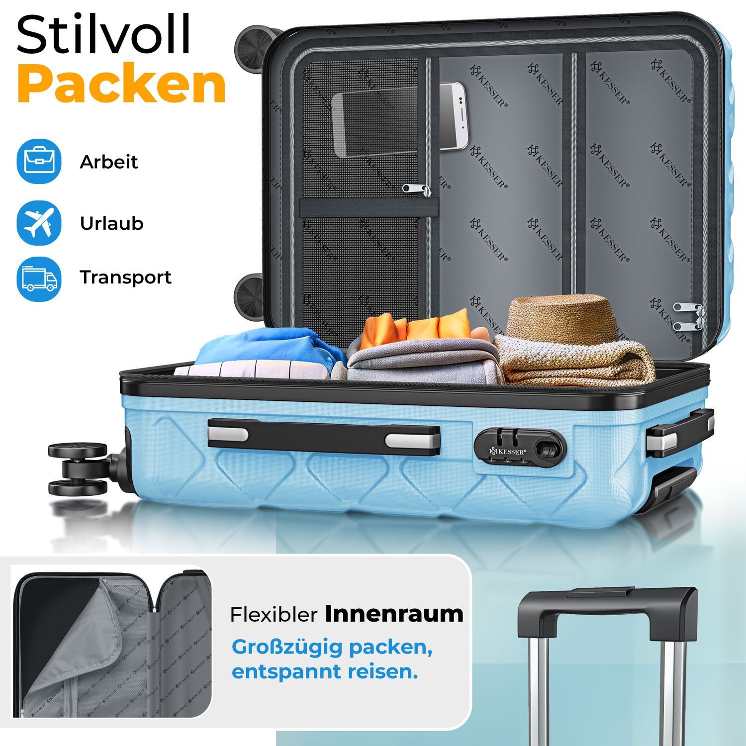 KESSER Kofferset, 4-teilig ABS Hartschalenkoffer mit Zahlenschloss, Waage & Brieftasche