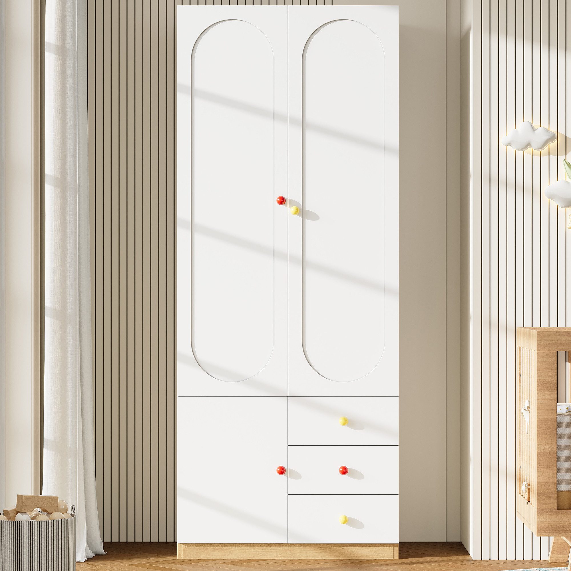 Merax Kinderkleiderschrank Kinder-Kleiderschrank, 3-türiger Kleiderschrank (1-St., mit 3 Schubladen) Kinderzimmer, Kinderzimmermöbel, Kleiderstange, Bunte Keram – Bild 2 von 5