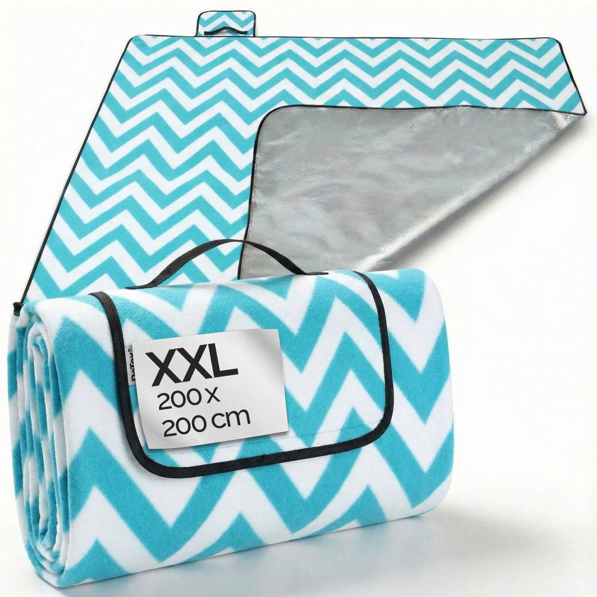 Picknickdecke, Detex, XXL 200x200 cm Wasserdicht Wärmeisoliert 4-6 Personen Türkis/Weiß