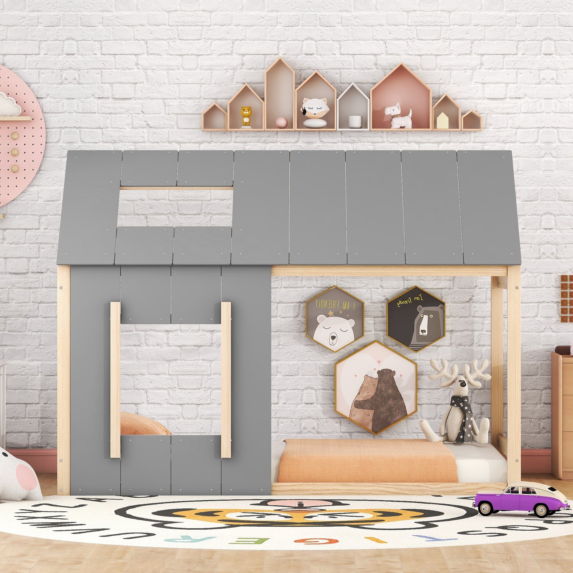 REDOM Kinderbett Hausbett Kinderbett, Einzelhaus-Flachbett mit Dach und Fenster (Hausform, 90x200 cm, Einzelhaus-Flachbett mit Dach und Fenster), ohne Matratze