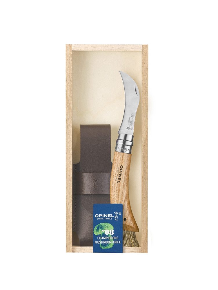 Opinel Taschenmesser mit Bürste, Sandvik 12C27-Stahl, rostfrei, Eichenholz-Griff, (mit Wildschweinborsten, in Holzgeschenkbox), Opinel Pilzmesser, rostfrei, Eichenholz, mit Etui