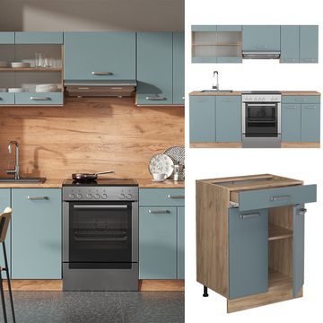 Livinity® Küchenzeile R-Line, Blau-Grau/Goldkraft Eiche, 200 cm, AP Eiche