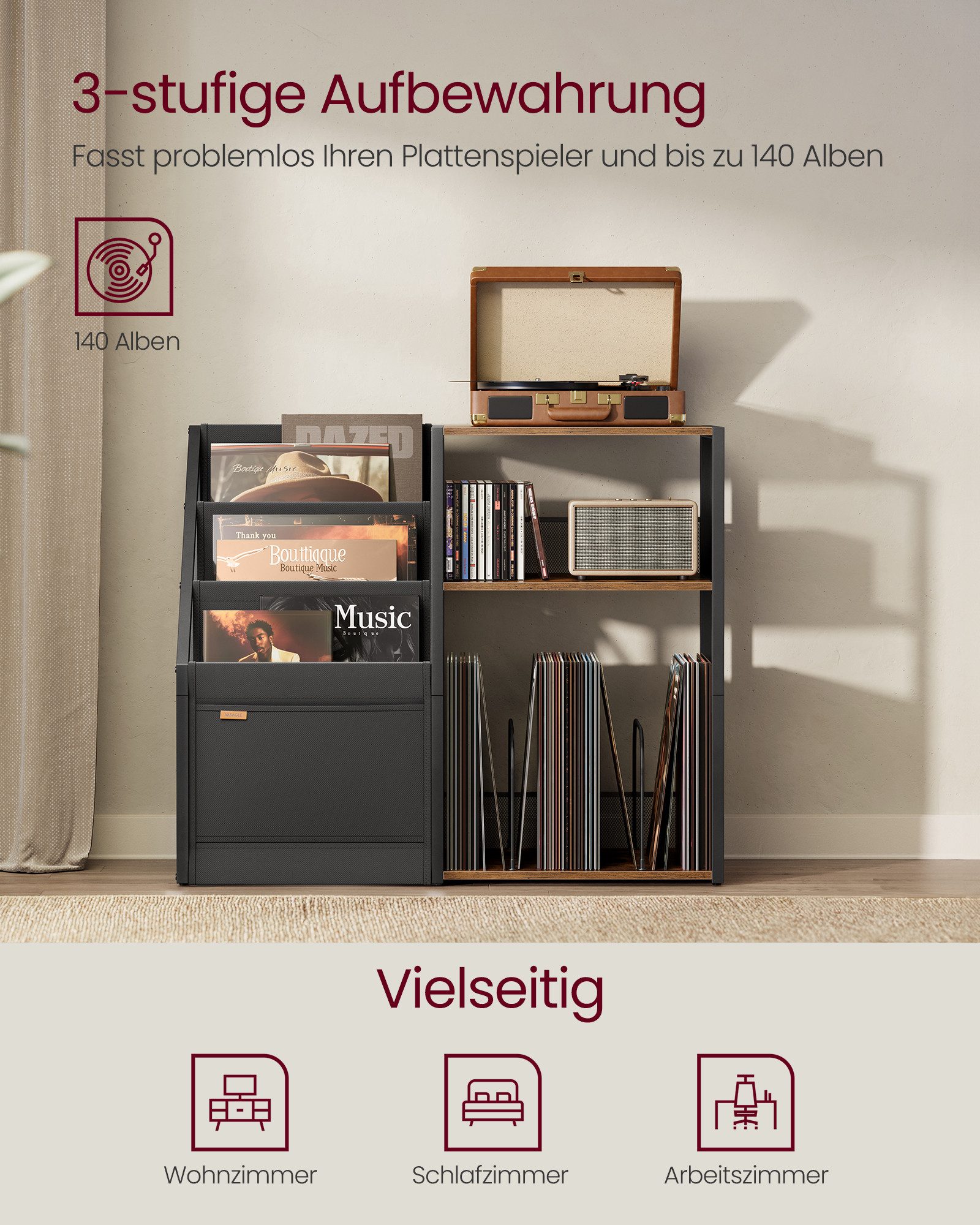 VASAGLE Beistelltisch Plattenspieler-Ständer, 3 Etagen, Aufbewahrung von Schallplatten, bis zu 140 Alben – Bild 4 von 5