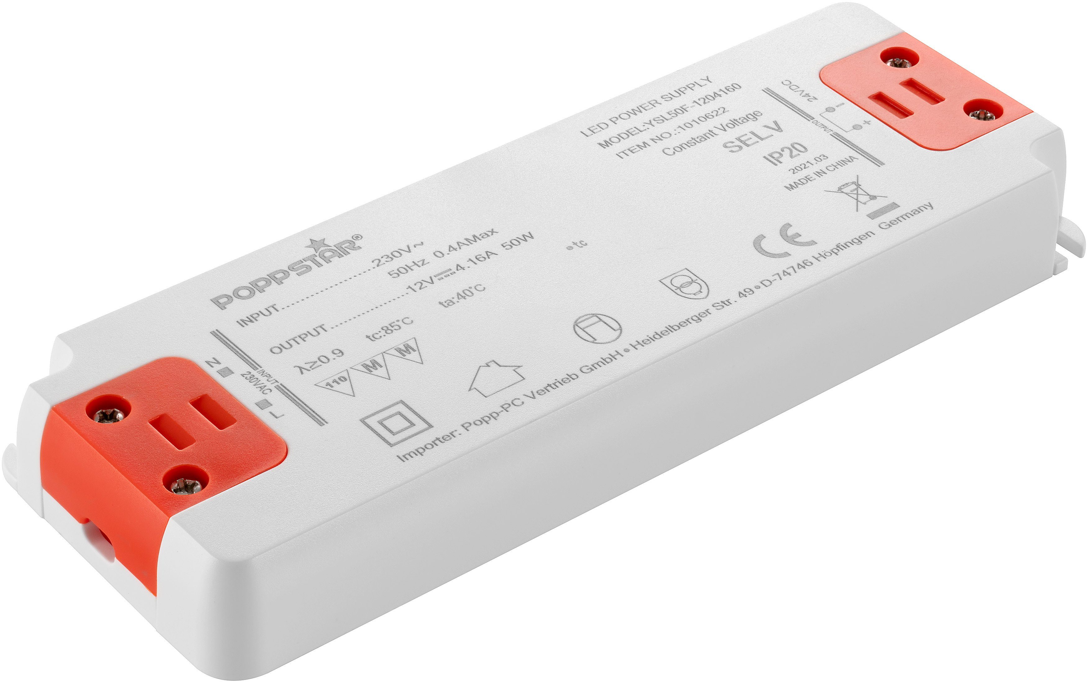 Poppstar Slim LED-Transformator 230V AC / 12V DC 4,16A ultra flach LED Trafo (LED Power Supply 12 V (für 0,5 bis 50 Watt LEDs)