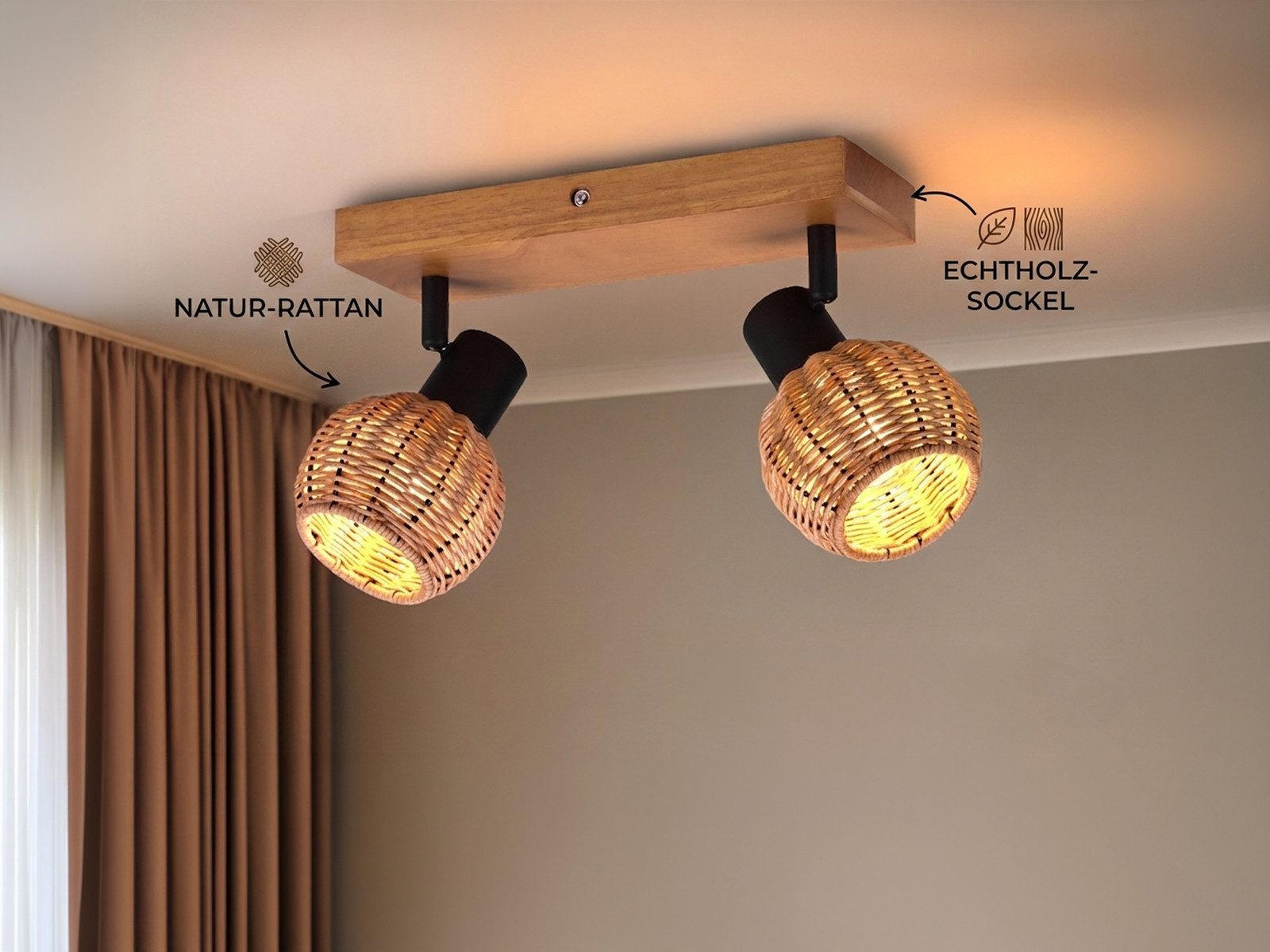 meineWunschleuchte Deckenstrahler Rattan-Lampe mit Holz, Breite 30cm, ohne Leuchtmittel, Innen Deckenleuchte, Korblampe skandinavisch mit 2 Strahler, Holzlampe – Bild 3 von 5