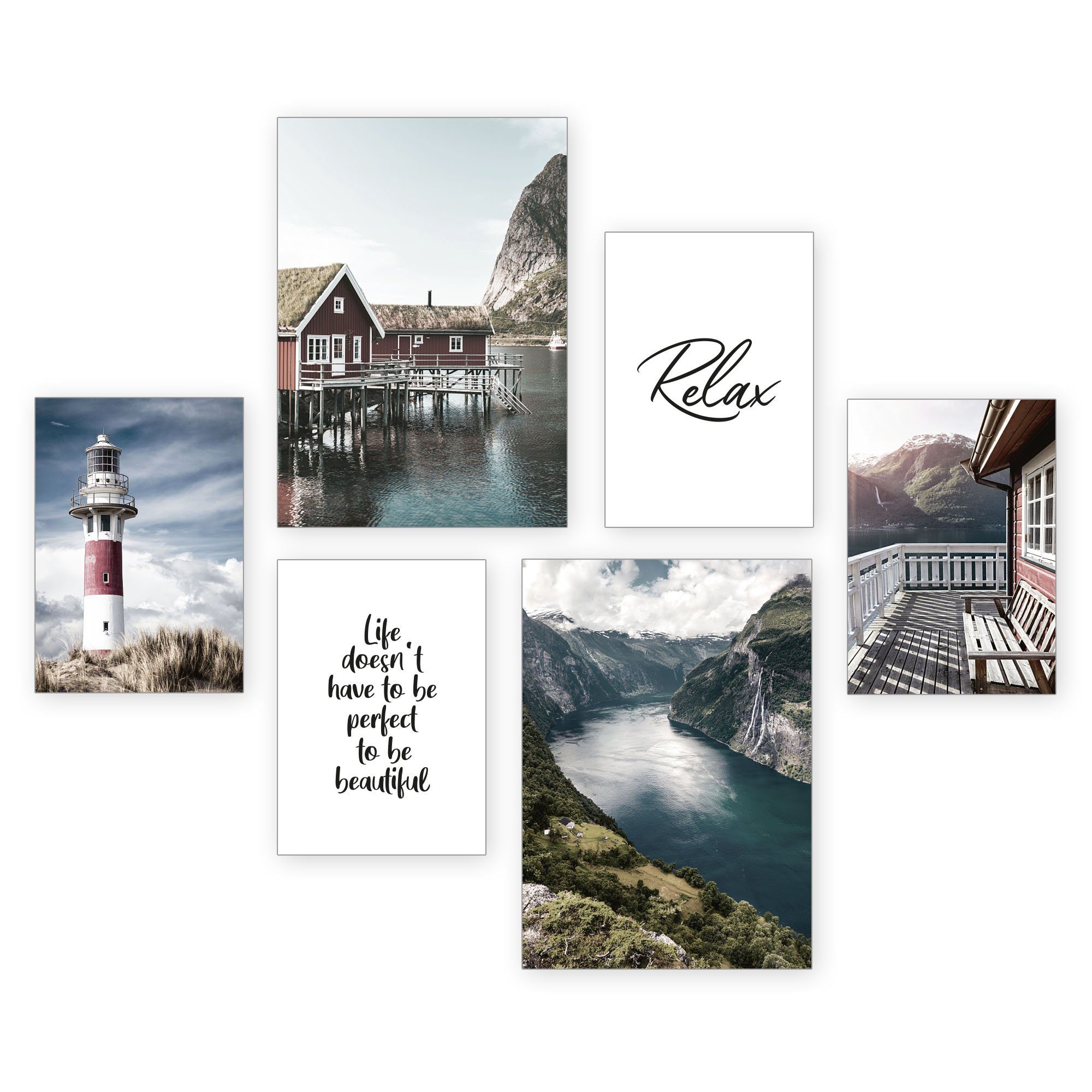 Kreative Feder Poster, Norwegen, Leuchtturm, Küste, Meer, Spruch (Set, 6 St), 6-teiliges Poster-Set, Wandbild, Posterwand, optional mit Rahmen