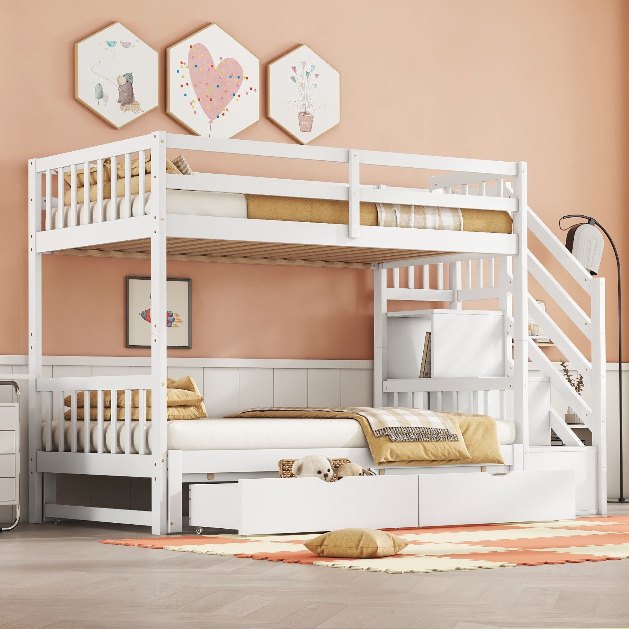REDOM Etagenbett mit Ausziehbett & Lattenrost, Kinderbett mit 2 Schubladen (aus Kiefernholz, Multifunktionales Design, platzsparend & sicher, Ideal für Kinderzimmer & Gästezimmer, 90x200 cm(180x200 cm), Ohne Matratze