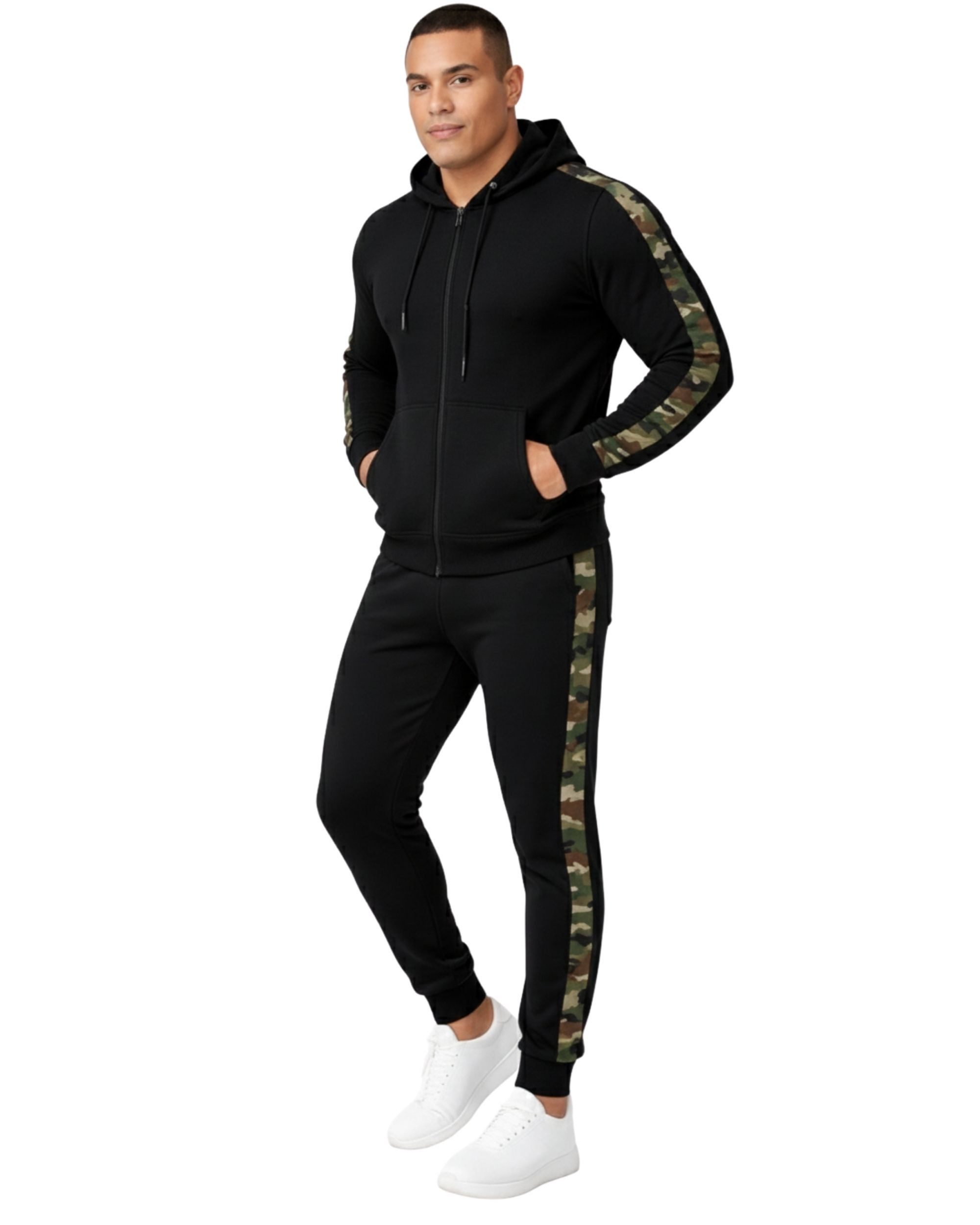 L.gonline Freizeitanzug Herren Jogginganzug zweifarbig sportlich mit Streifen, 526 (Kapuzenjacke mit Reißverschluss, Hose, 2-tlg), Fitness Freizeit Casual