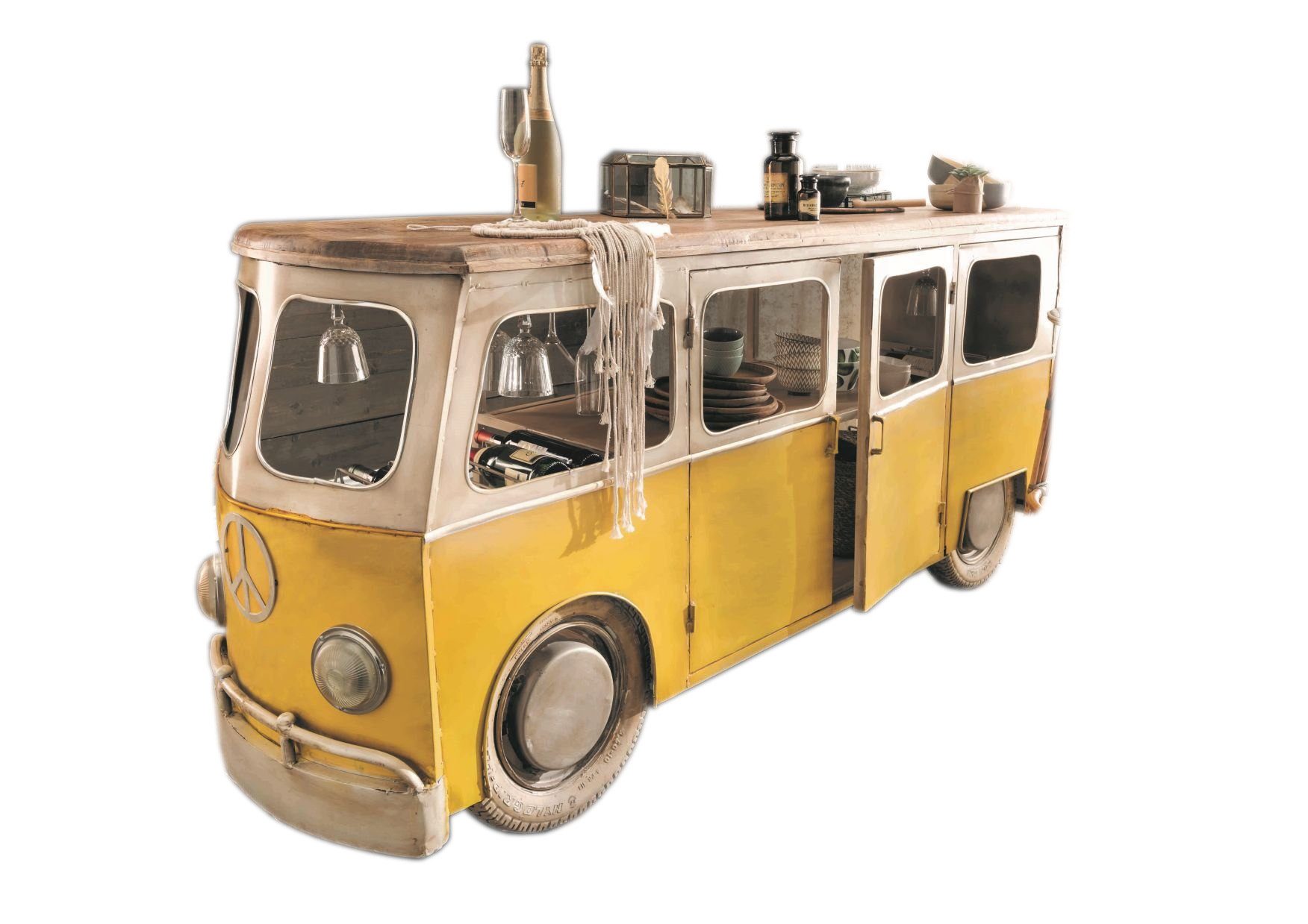 More2Home Bartisch Bartresen BUS, Metall gelb-weiß / Mangoholz, mit Bareinteilung