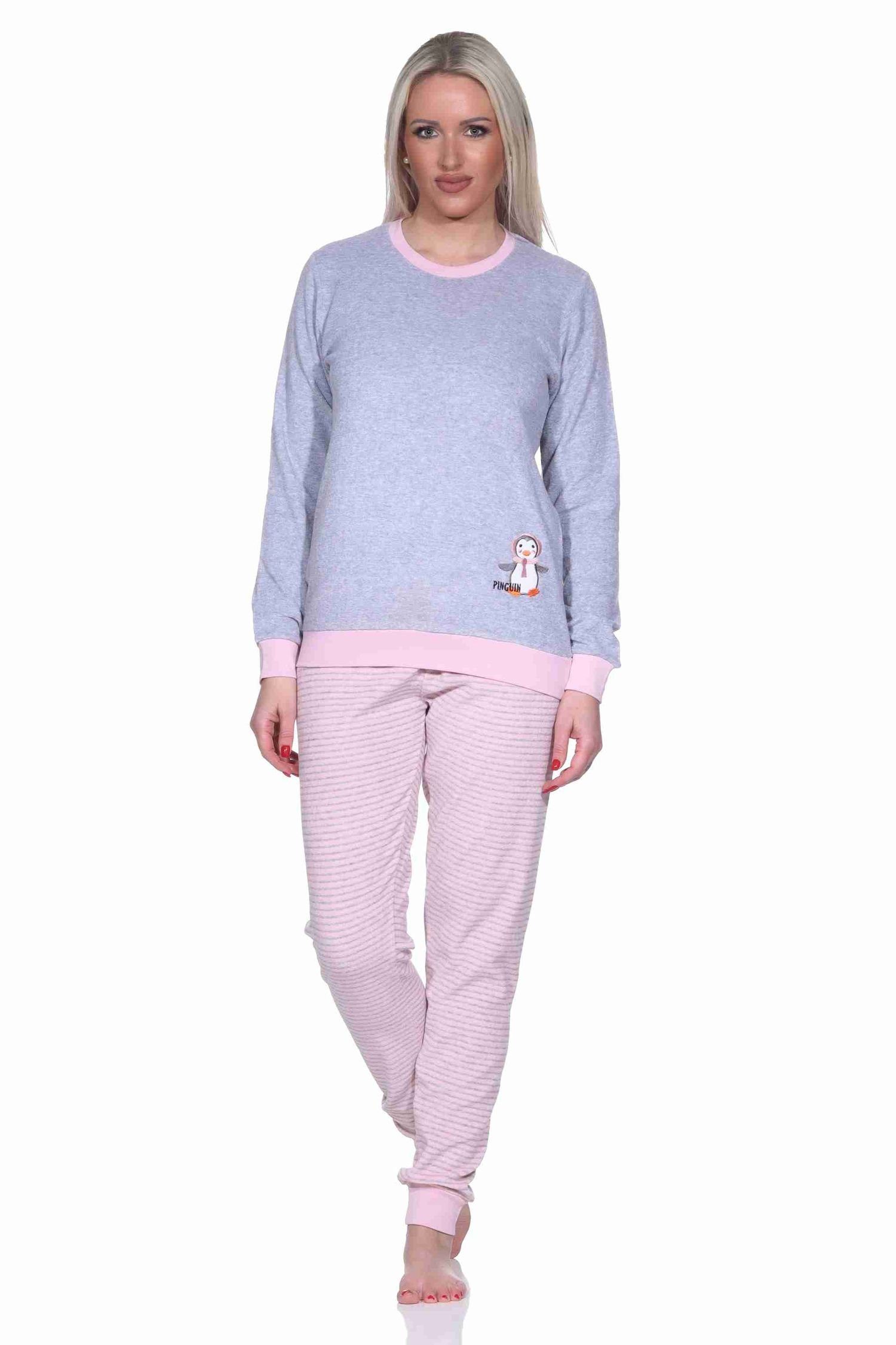 Normann Pyjama Damen klein Stickerei Pyjama und mit grau Bündchen Pinguin langarm Ringel Frottee