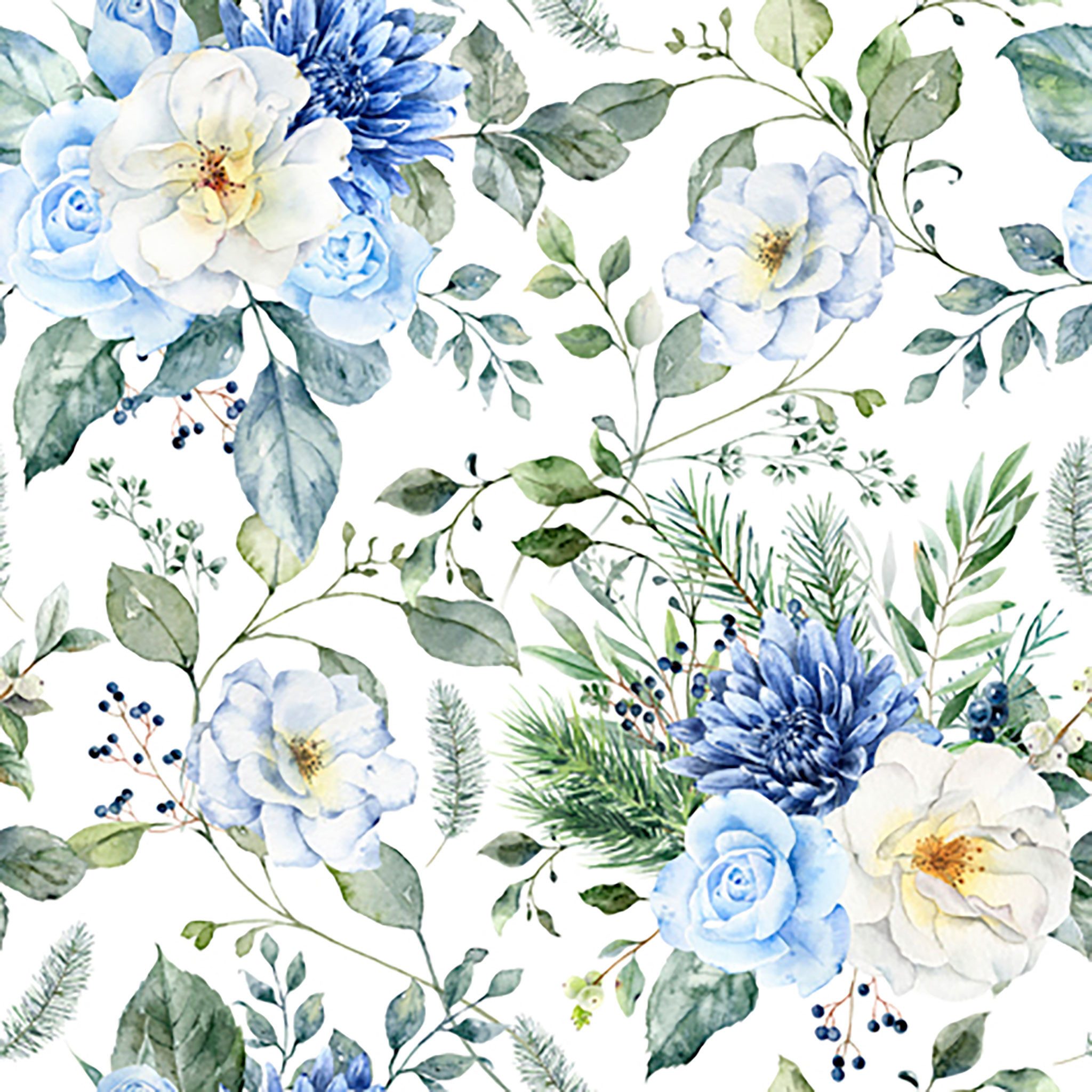 ti-flair Papierserviette, Servietten Papier 33x33cm Winterblumen 20 Stück Weiß / Blau / Grün