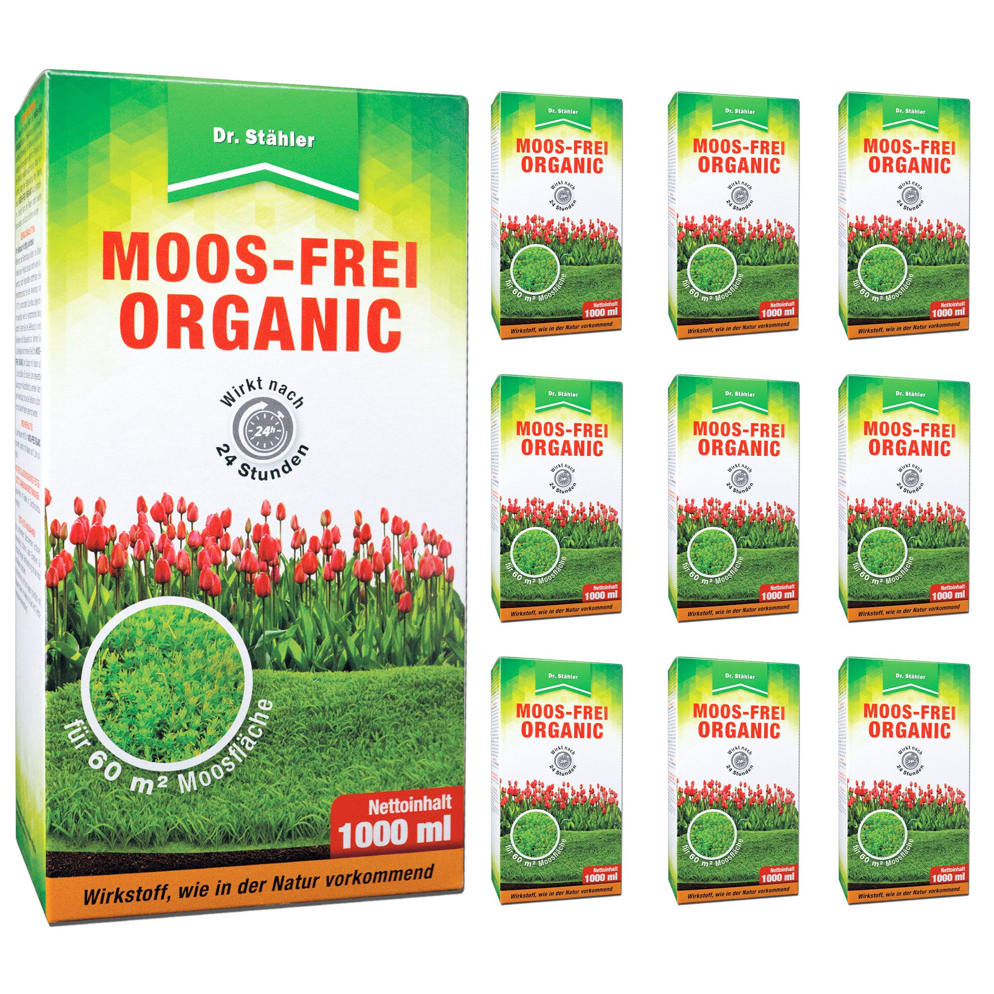 Dr. Stähler Unkrautbekämpfungsmittel Moos-Frei Organic: Hochwirksamer Moosentferner, 1000 ml, 10 x 1000 ml Moos-Frei Bio Schnell wirksam & ohne Rostflecken, Moos-Frei Organic – Bio-Moosentferner für Rasen, Wege & Steine