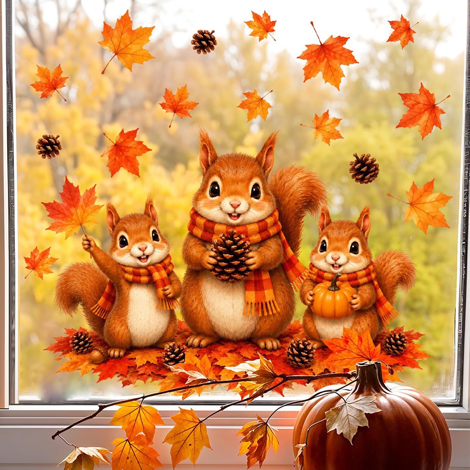 Bomiclss Fensterbild Süßer Herbst-Fensteraufkleber,Motiv:Eichhörnchen mit Schal, 60 x 30 cm, 2er-Pack,Statisch haftend, Ahornblatt-Muster, wiederverwendbar – Bild 4 von 5