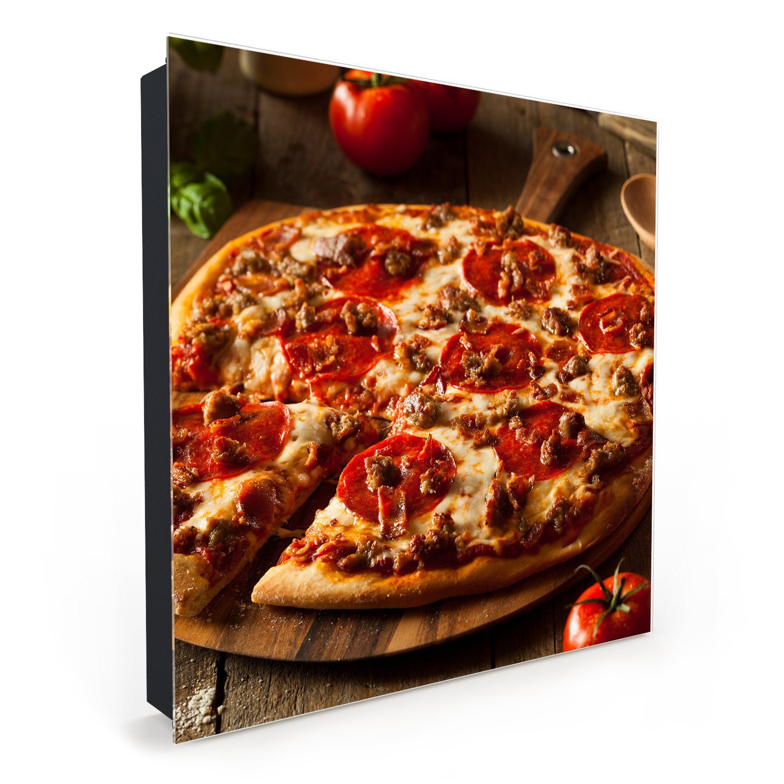 Primedeco Schlüsselkasten Magnetpinnwand mit Glasfront Pizza auf Holzplatte (1 St)