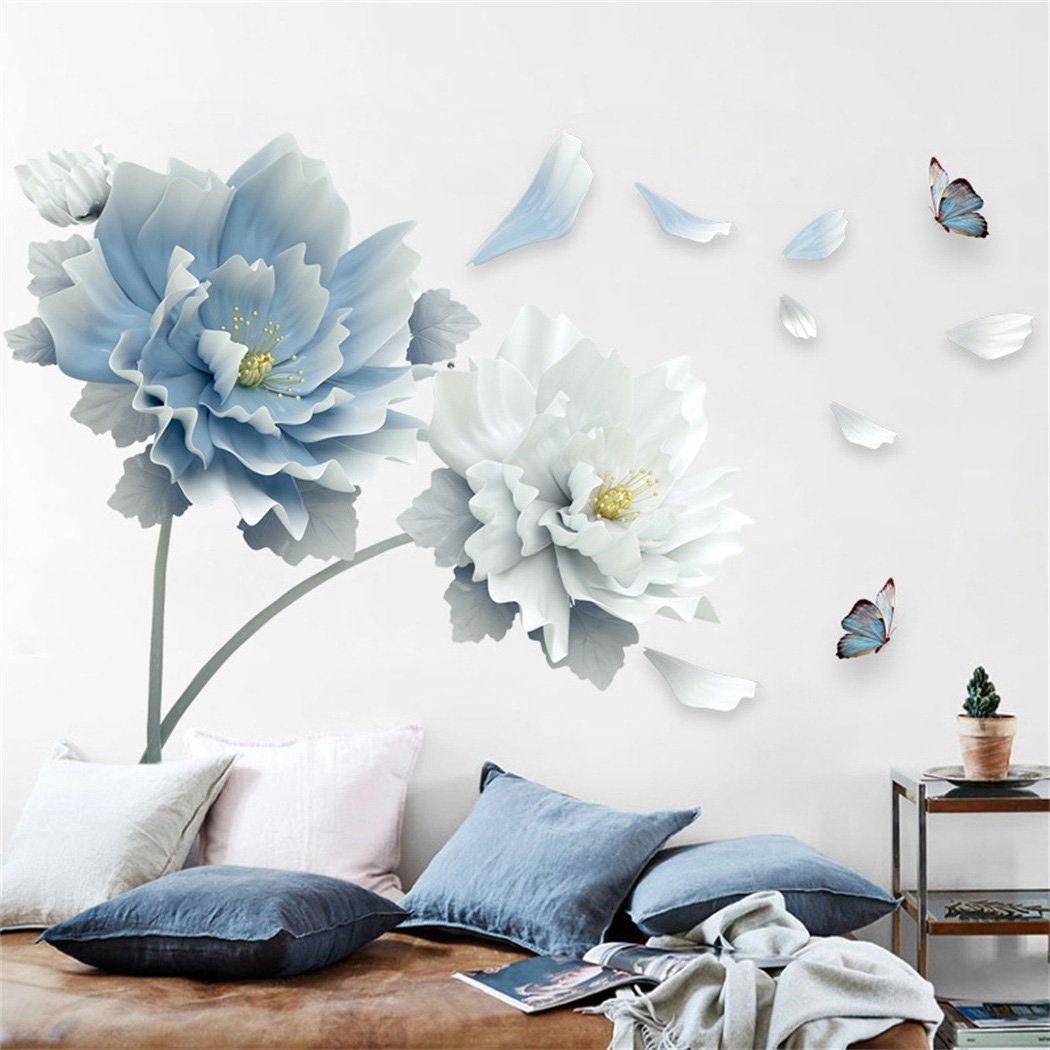 DAYUT Wandtattoo Home Decor, Blaue und weiße Blume Schmetterling Wandaufkleber