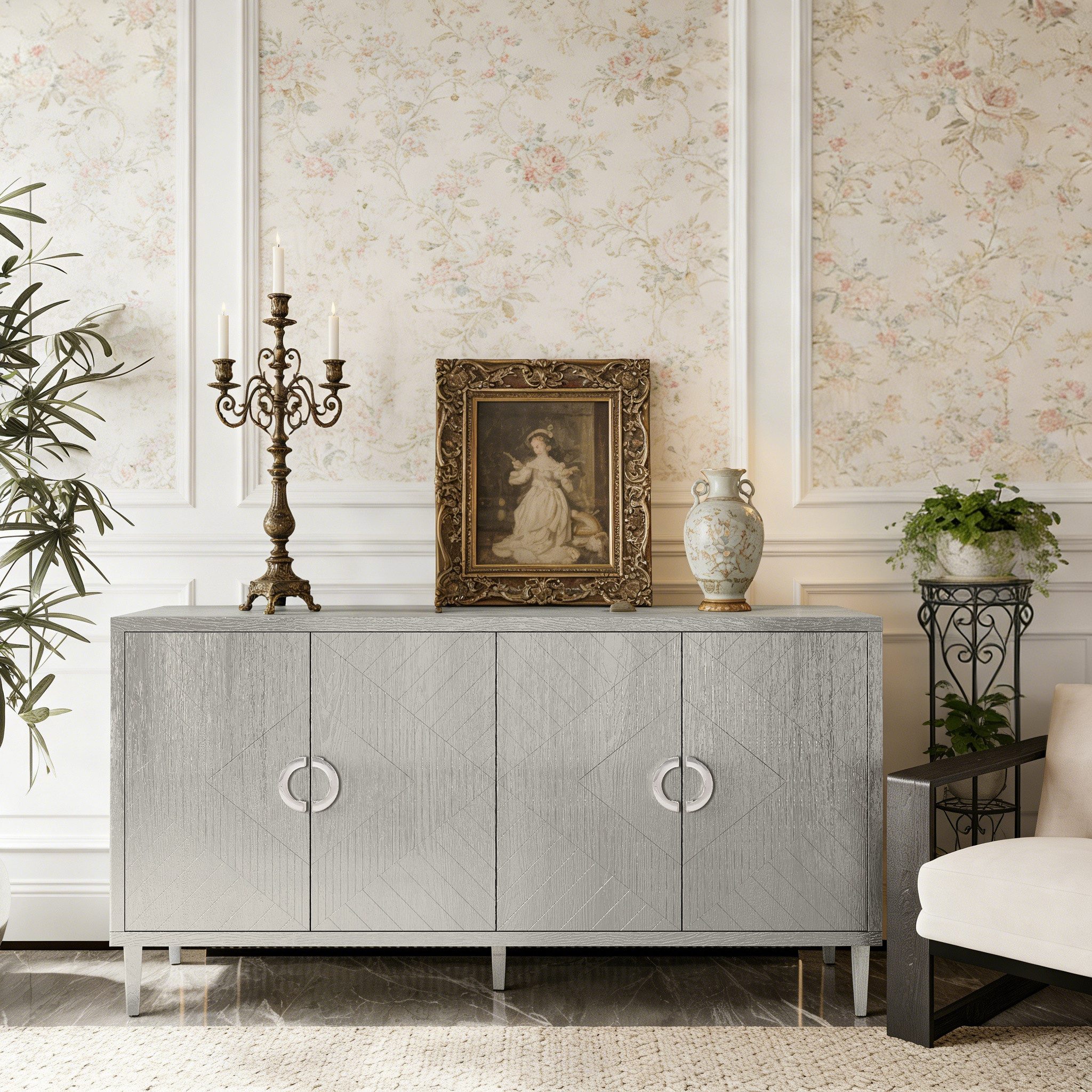 Celya Sideboard 152 cm stilvoller und funktionaler 4-türiger Aufbewahrungsschrank (Champagner, für Wohnzimmer, Schlafzimmer und Küche), mit Kiefernholzbeinen und MDF