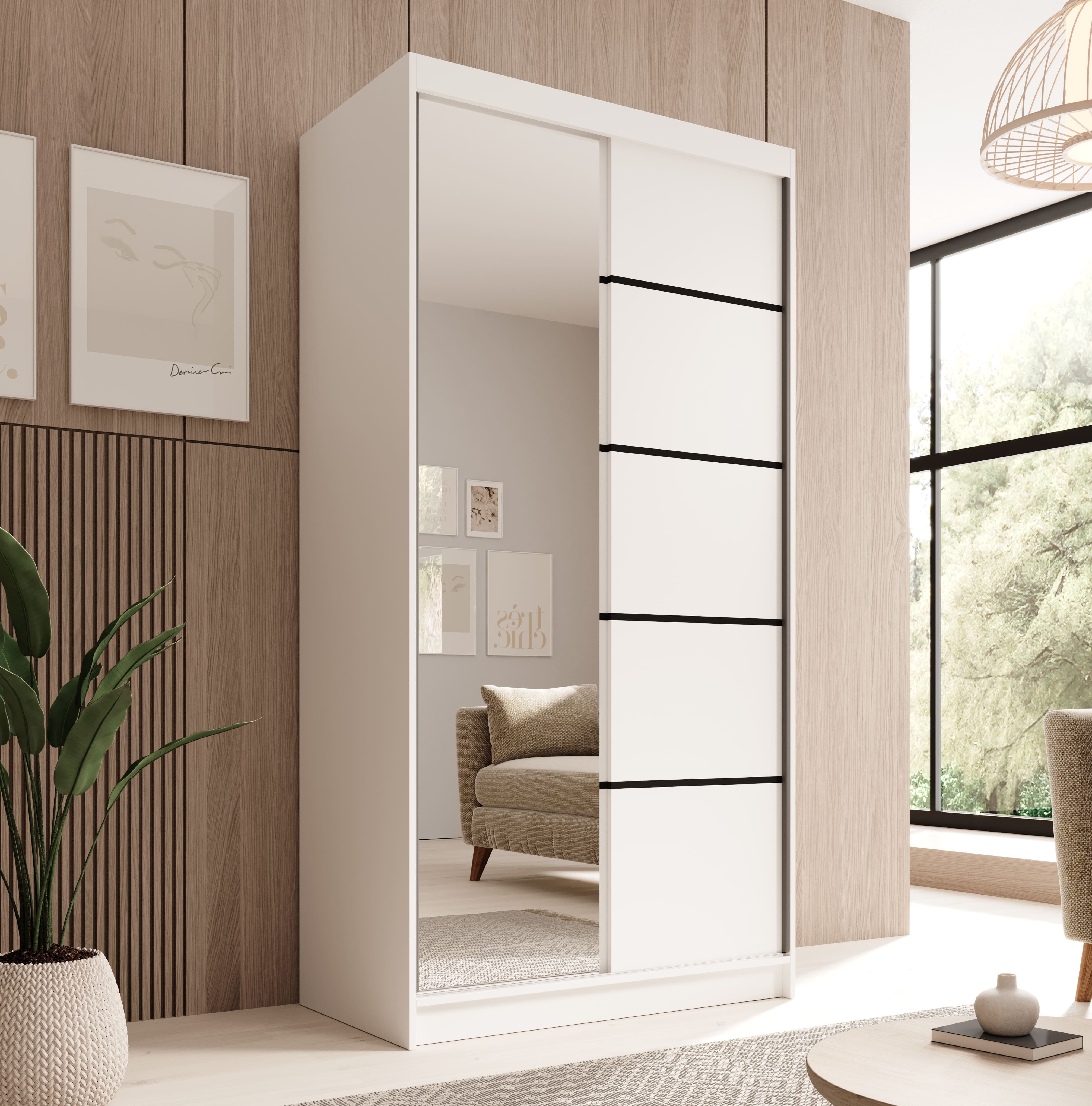 MOEBLO Schiebetürenschrank FIORA 100 (modern, platzsparend, mit Spiegel & viel Stauraum Schwebetürenschrank 2-türig Schrank Garderobe Schiebtüren Schlafzimmer Wohnzimmerschrank mit Spiegel) (BxHxT): 100x200x58cm