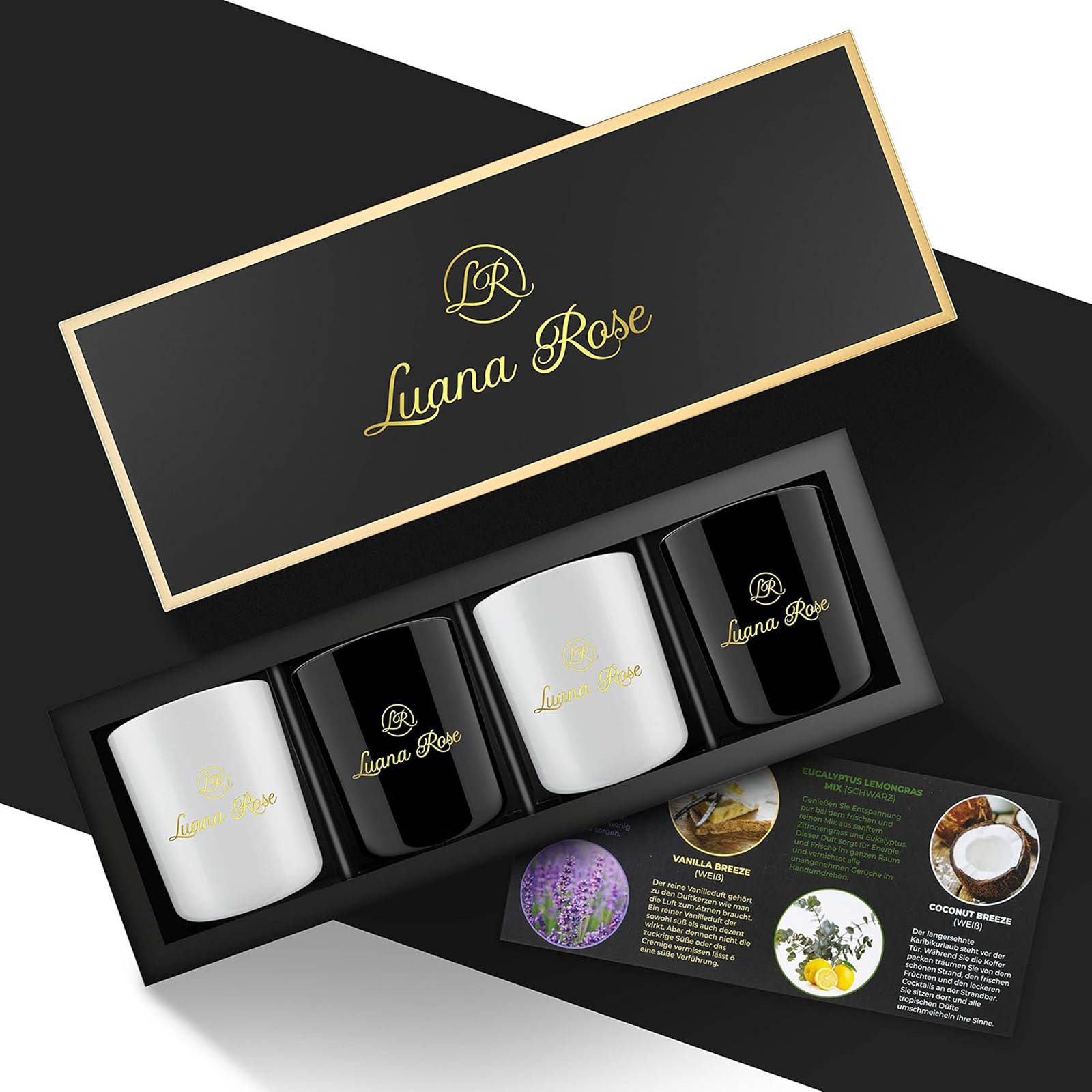 Luana Rose Duftkerze Aromakerze Geschenkset Duft Sojawachs Kerze (4-tlg), 4 Verschiedene Düfte Rose, Pear Lily, Eucalyptus und Erdbeere je 70g