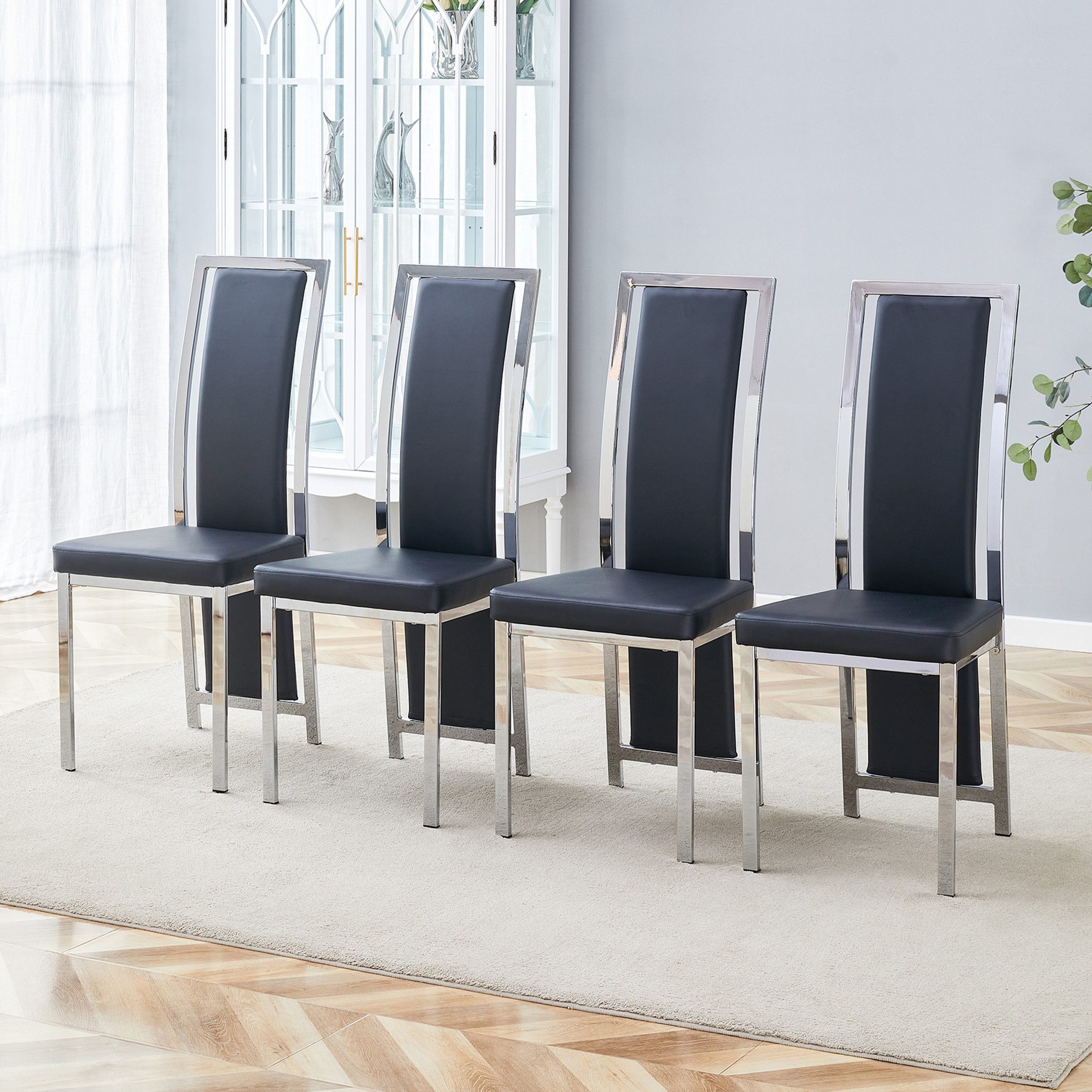 SeedWave Esszimmerstuhl Küchenstuhl-Set mit PU-Sitz, Hohe Gebogene Rückenlehne & Metallbeine, 4er Set. Metallrahmen, verstellbare Fußgleiter