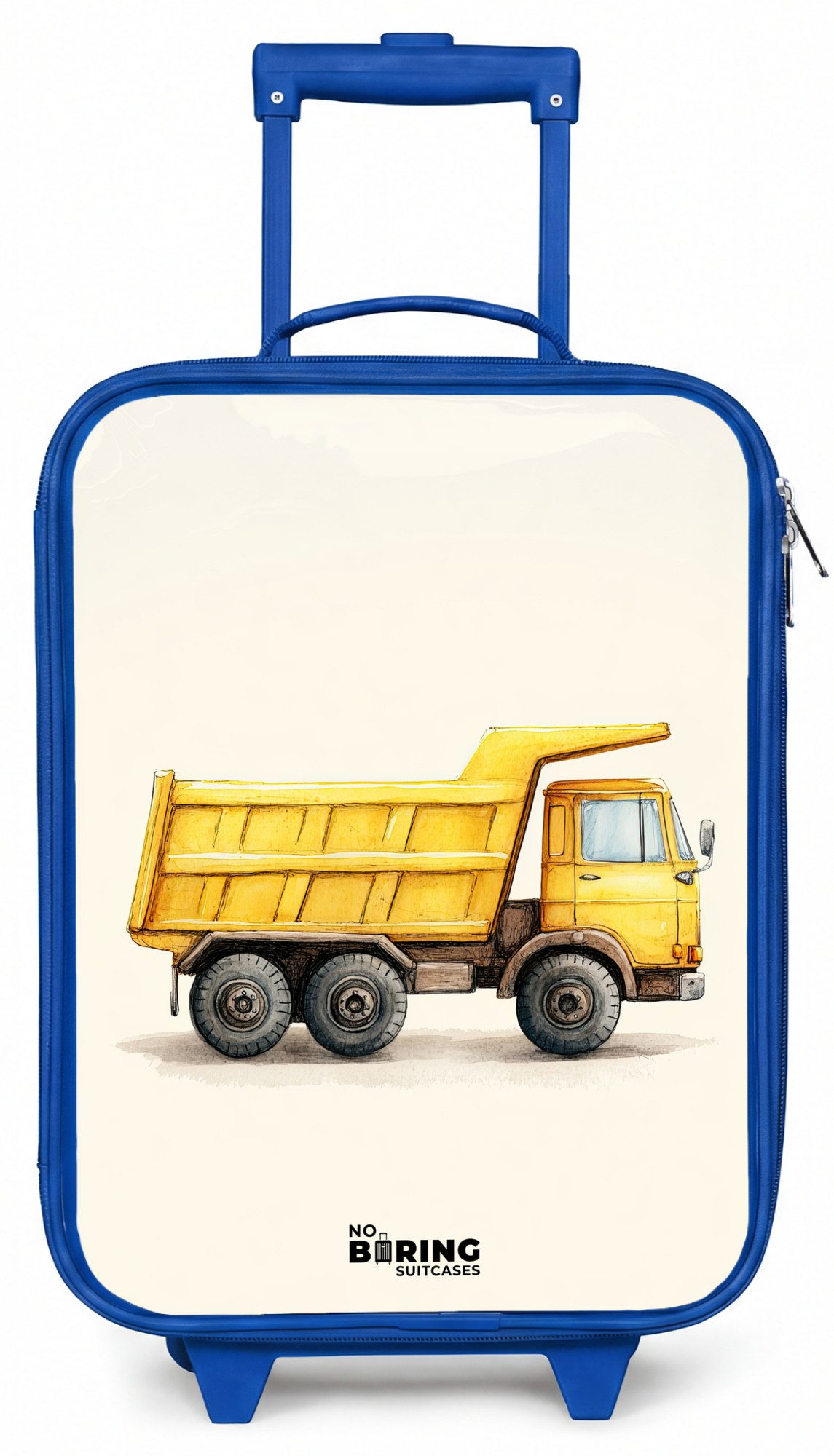 NoBoringSuitcases.com© Kinderkoffer Blau - mit leuchtende Räder - Muldenkipper - Signiert - Gelb, 2 Rollen, Handgepäck Koffer, Trolley Kinder, Reisekoffer Jungen