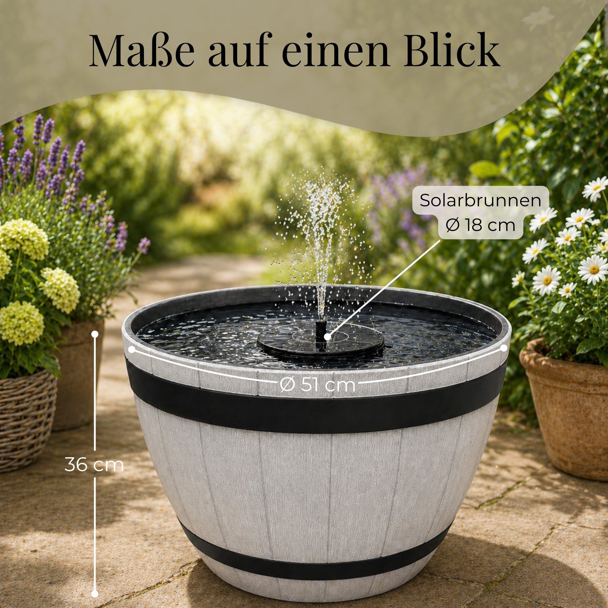 matches21 HOME & HOBBY Wasserspiel Solar Brunnen Set inkl. Akku - 51 cm Schale in Holzoptik grau, (2 tlg), Solar Springbrunnen und Brunnenschale als Gartendeko