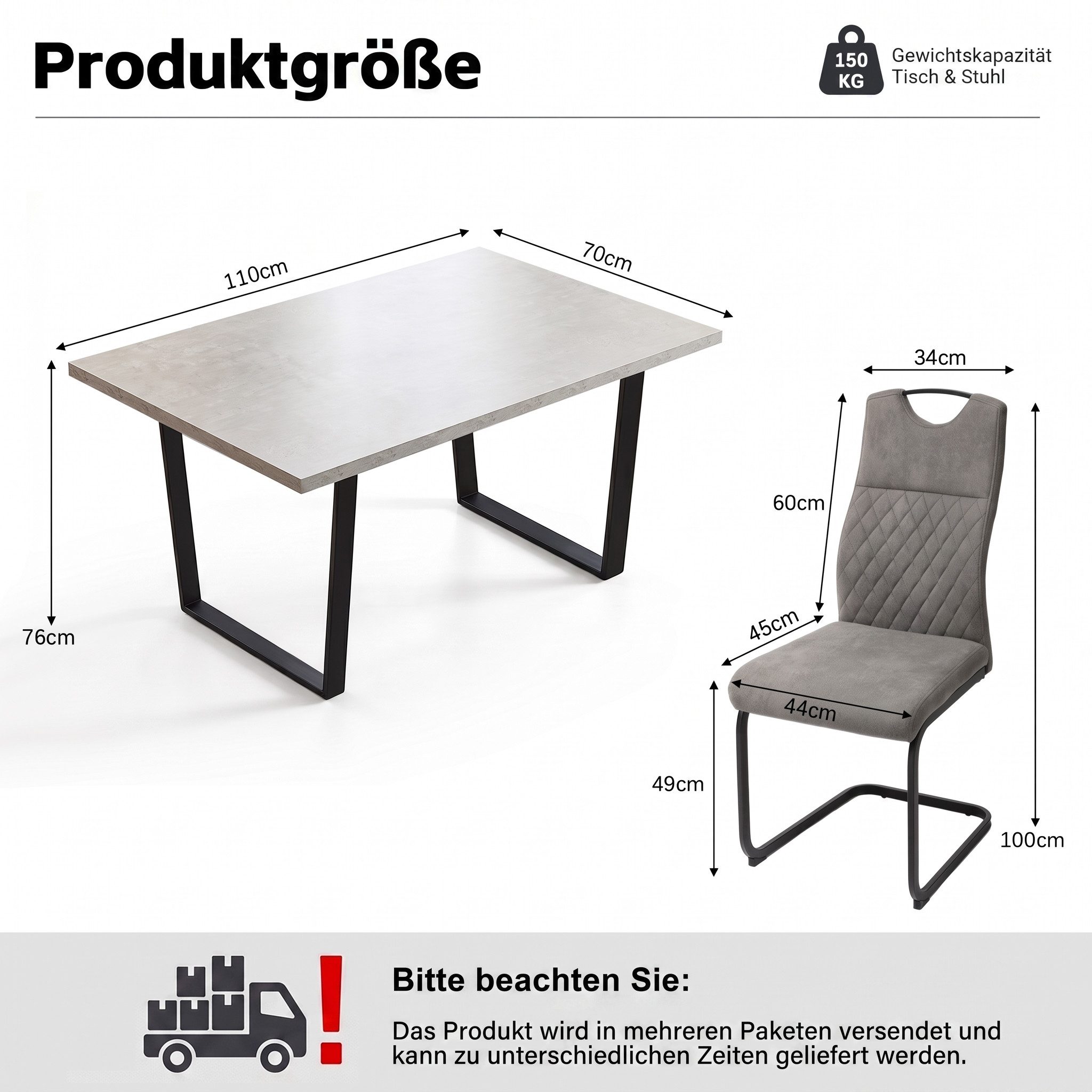 Jiexi Essgruppe Essgruppe fest 110x70 MDF Grau Tisch Set mit Hightech-Stoff Stühlen – Bild 3 von 5