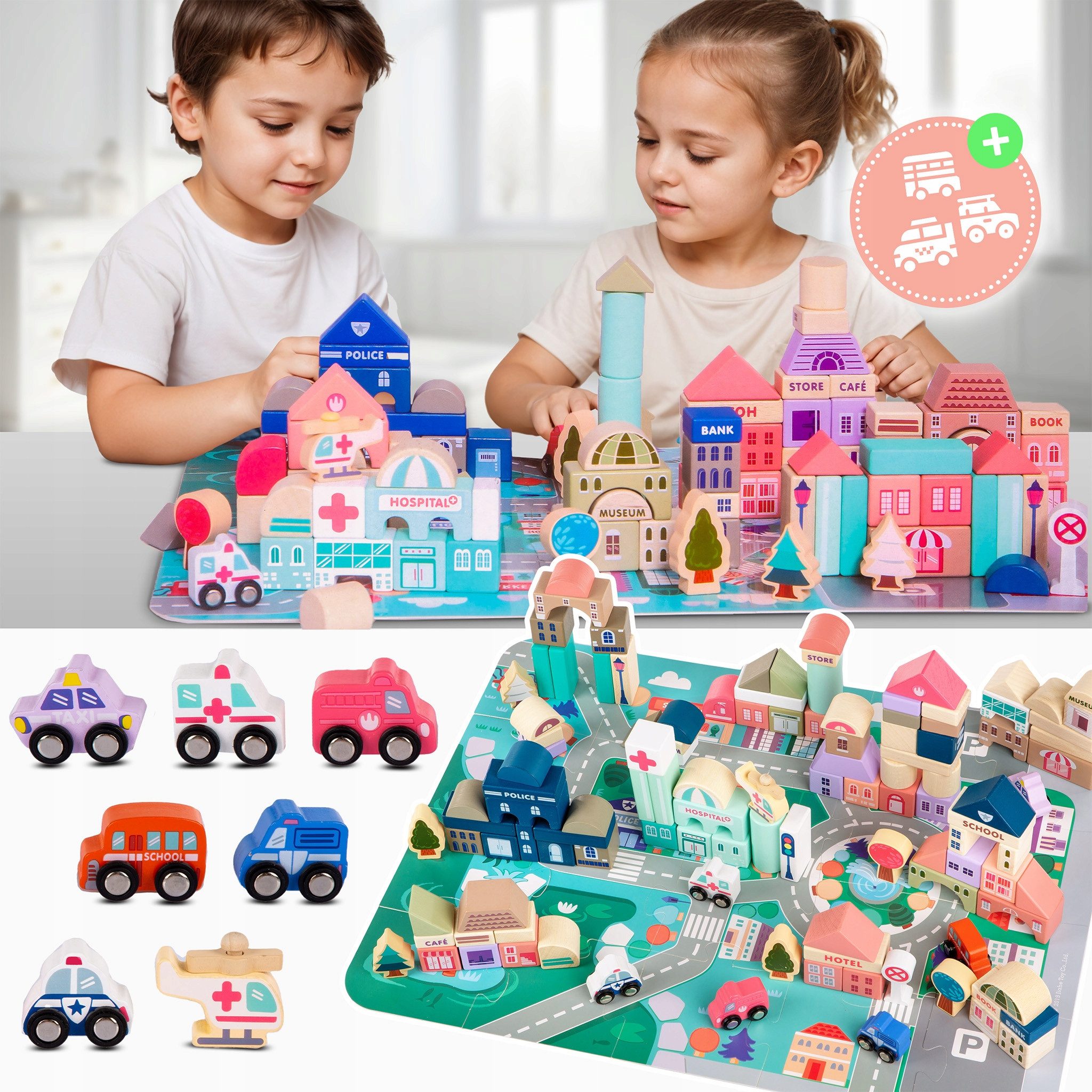 Kinderplay Dolls & Strollers Holzbausteine Stadt Set – 115 tlg Lernspiel – ab 3 Jahren – mit Matte Holzbaukasten, (Set, Holz-Bausteine-Set 115-tlg)