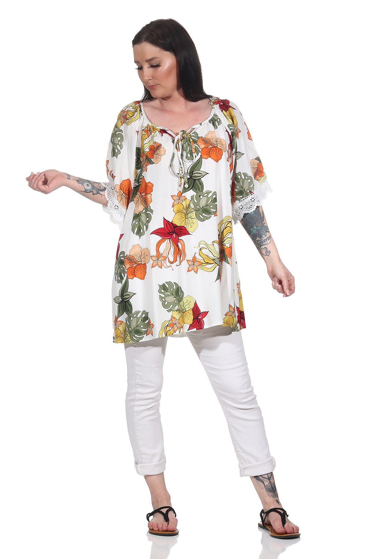 Aurela Weiß Oversize-Shirt Tunika lässiges Bluse Oversize Damenmode Shirt Damen Sommer