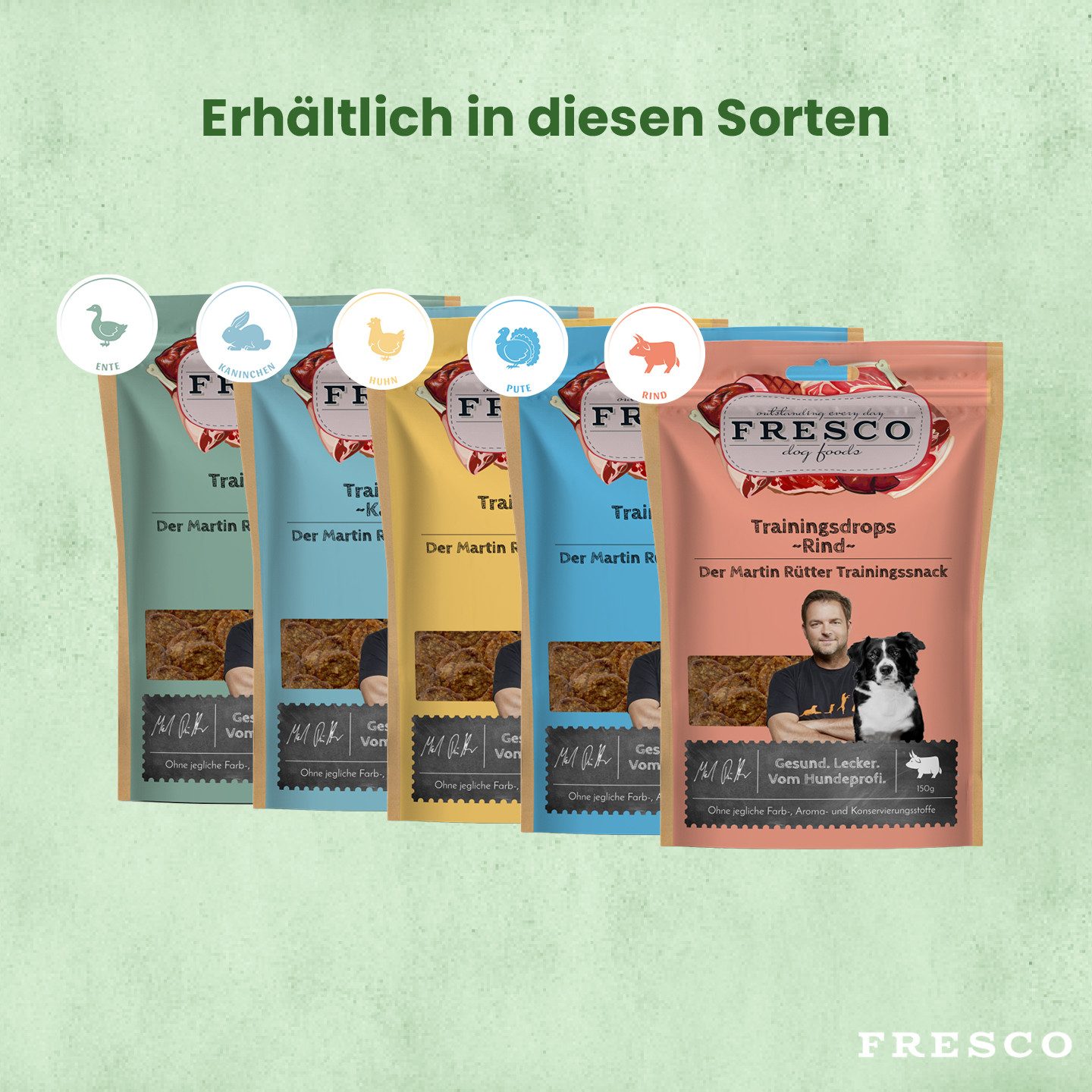 Fresco Dog Martin Rütter Trainingsdrops PROBIERPAKET Hundeleckerli 5x150g, Snack für: Hunde, Getreidefrei, zuckerfrei & hoher Fleischanteil