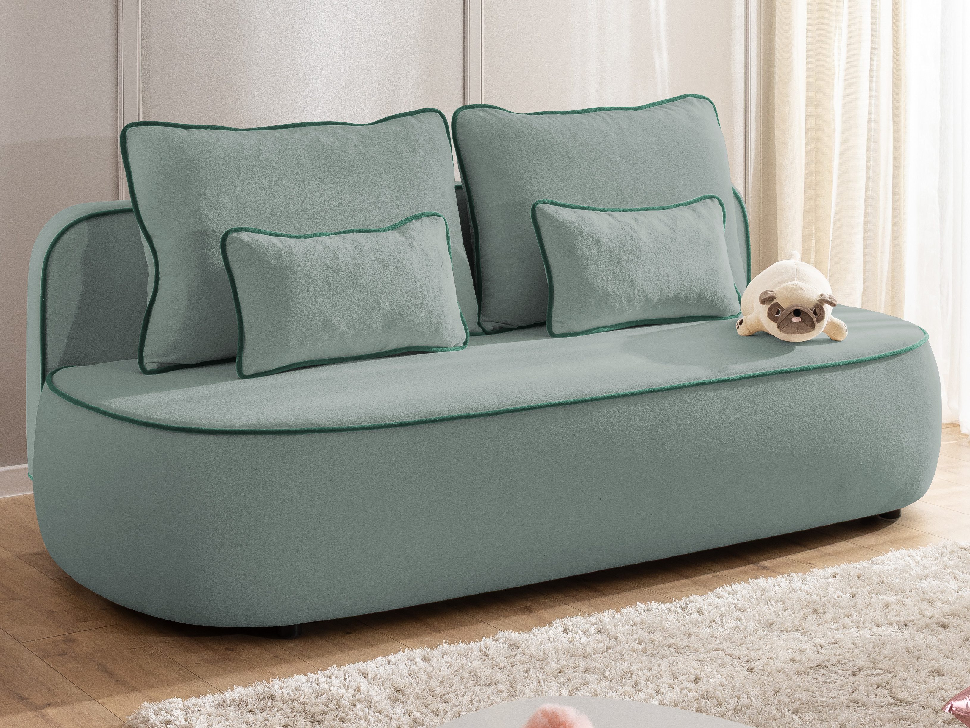 S-Style Möbel Kindersofa Vero mit Schlaffunktion, Bettkasten und Kontrastpaspel aus Plüschstoff, im modernen und abgerundeten Design