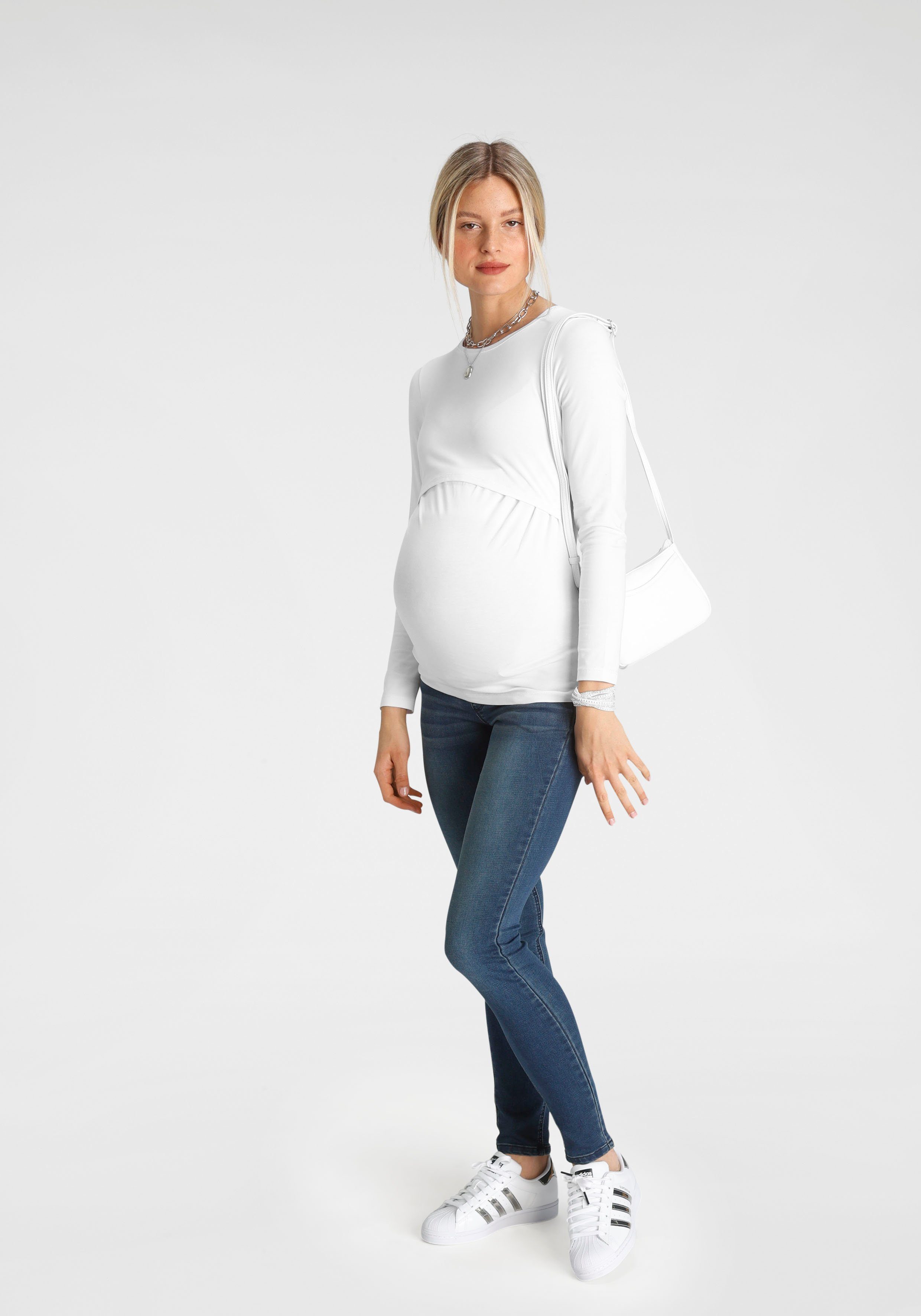 Nine-month maternity jeans, stretch jeans for pregnancy and breastfeeding, high-waisted maternity jeans without belt loops, wash