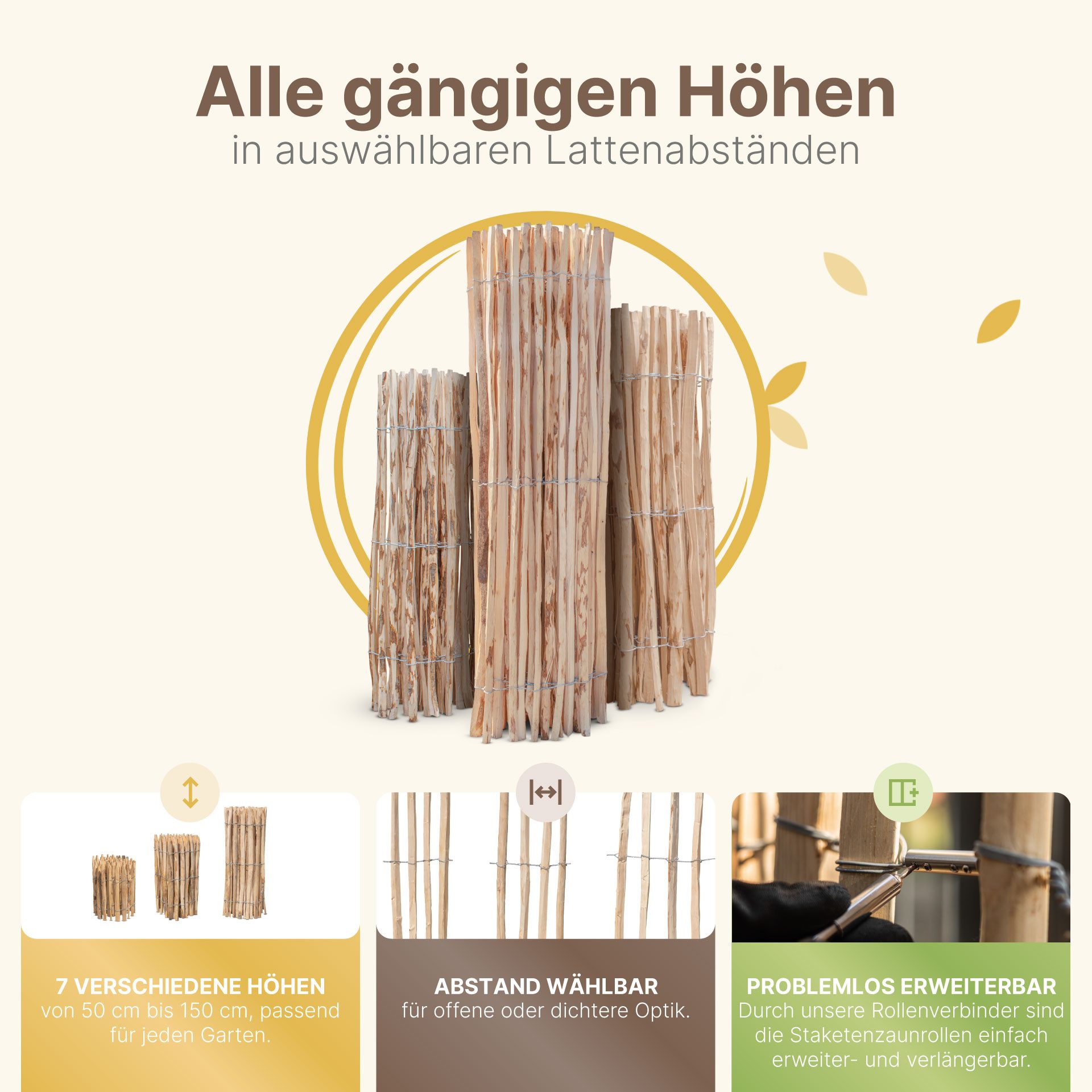 STILTREU Staketenzaun Staketenzaun Haselnuss - Höhe 50 cm, Länge 5 m, Lattenabstand 3-5 cm – Bild 5 von 5